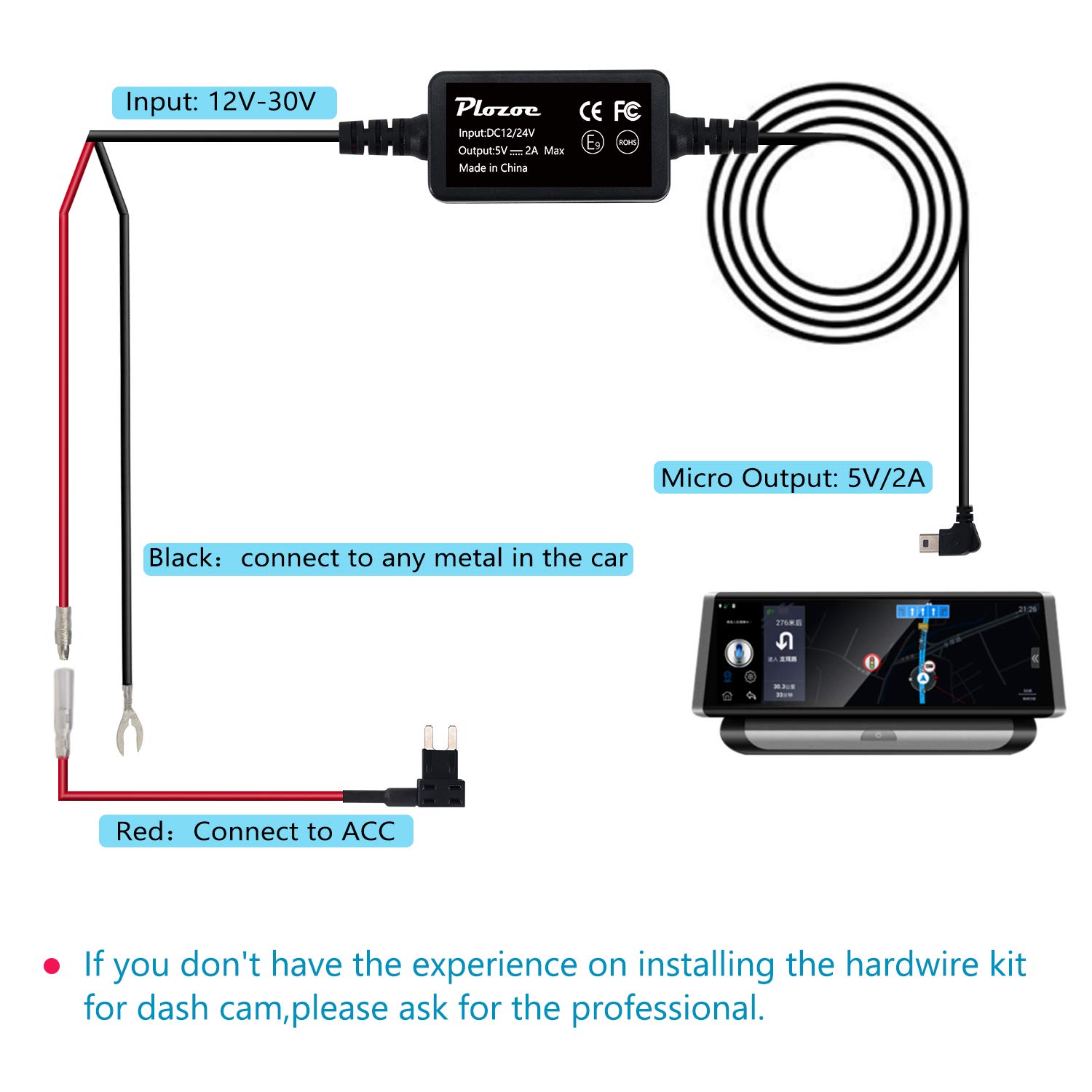 Detailed wiring diagram for the hardwire kit, showing connections to ACC and ground.