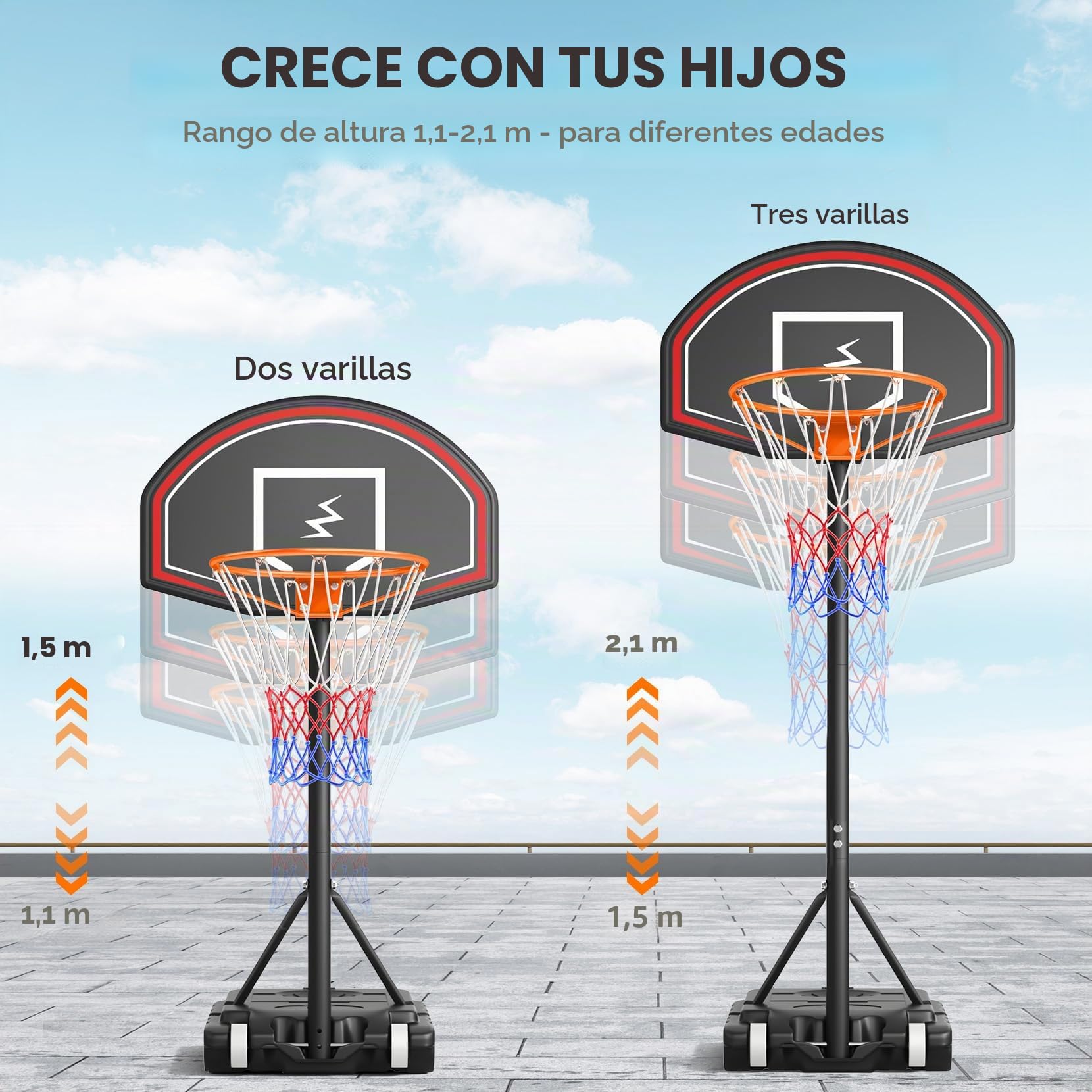 YOLEO Canasta de Baloncesto Exterior Ajustable 110-210 cm Móvil con Ruedas