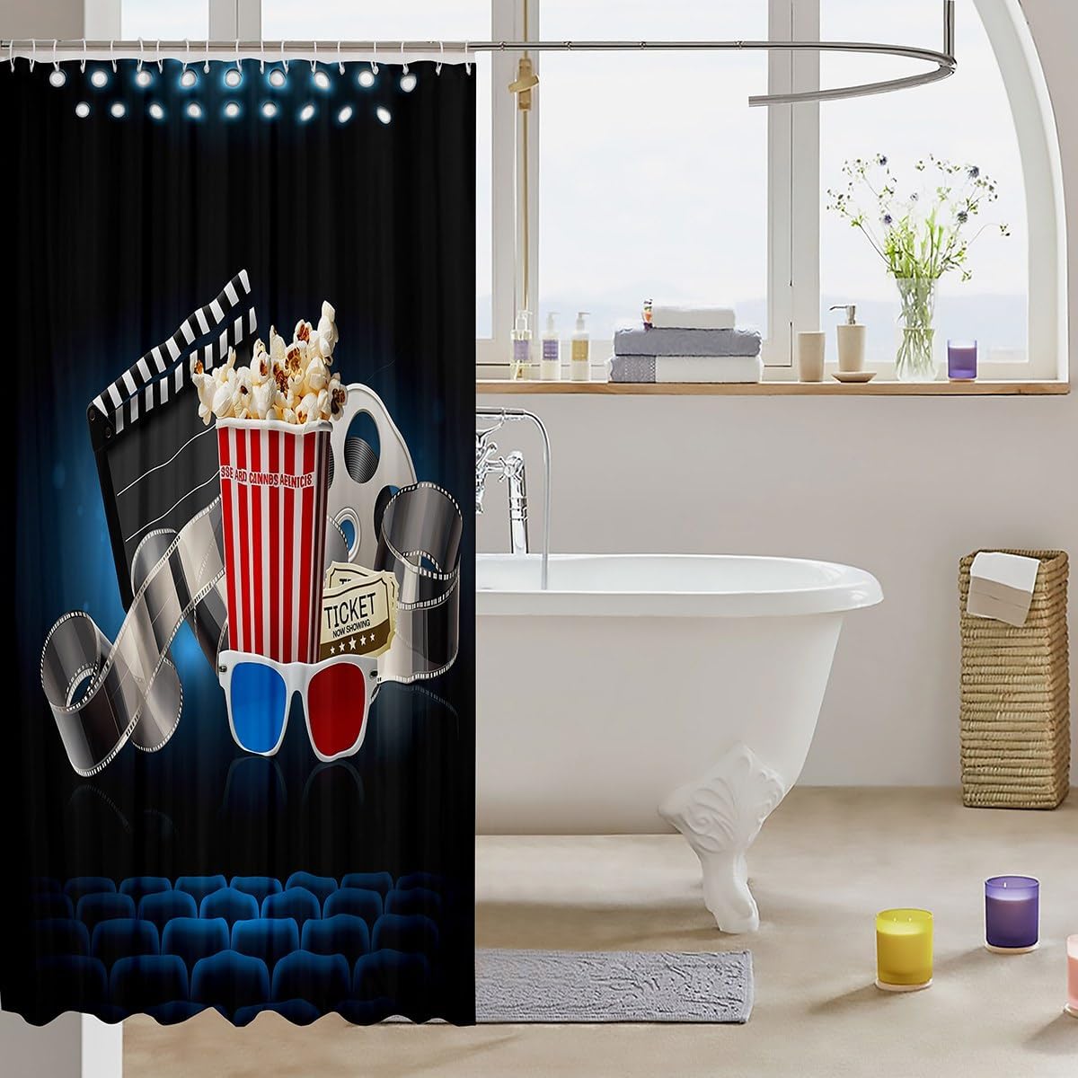 Movie Theater Shower Curtain Vintage Cinema Ticket Bath Curtain for Boys Teens,Vintage Film Clapper Theme Shower Curtain Set Home Theater Decor 72"Wx72"L,Movie Theater Cinema Personalized Decor image 3
