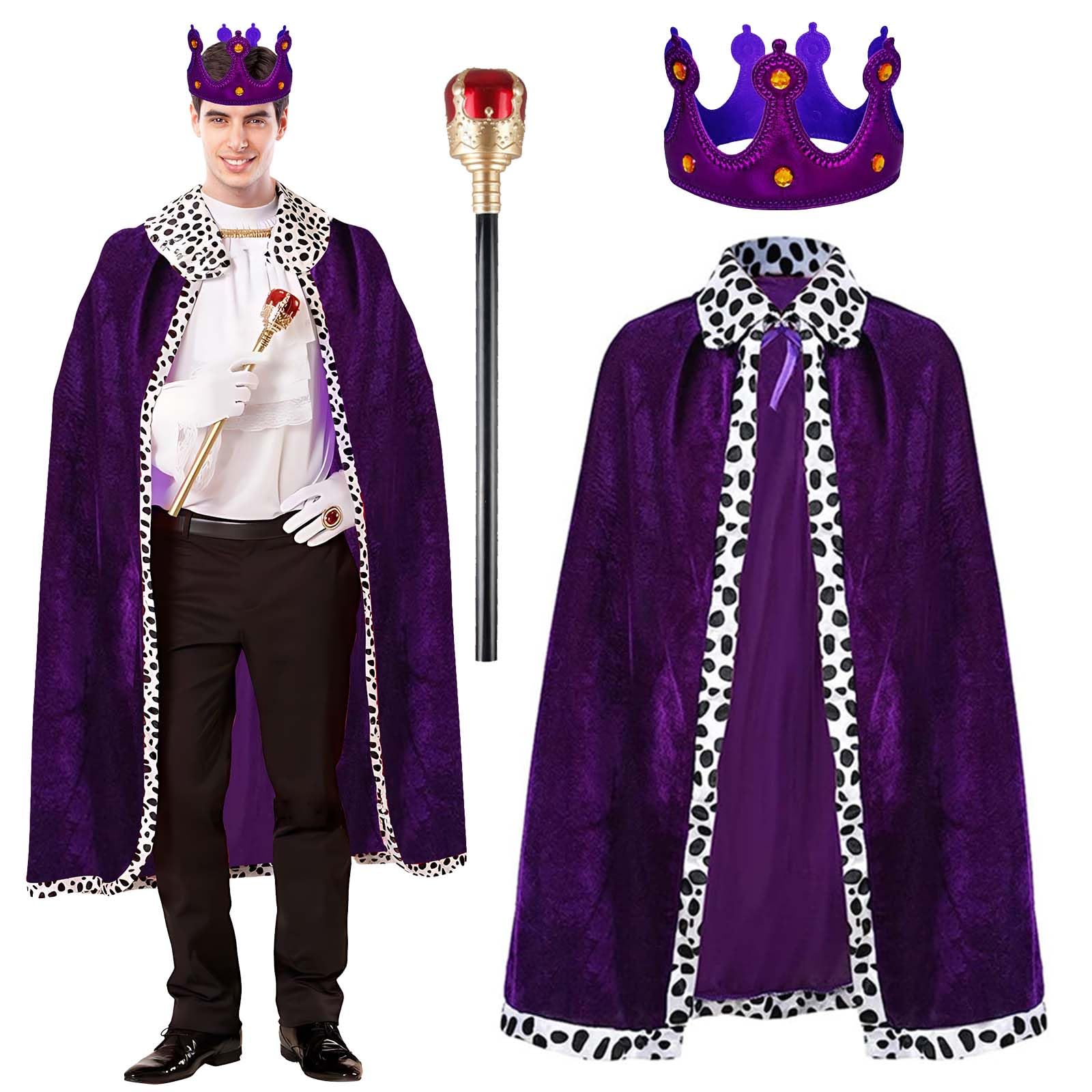 3PCS King Robe Crown Queen Robe Royal Cape Costume, Carnival King Velvet Robe Outfit for Party Cosplay Dress Up (Adult, Blue)