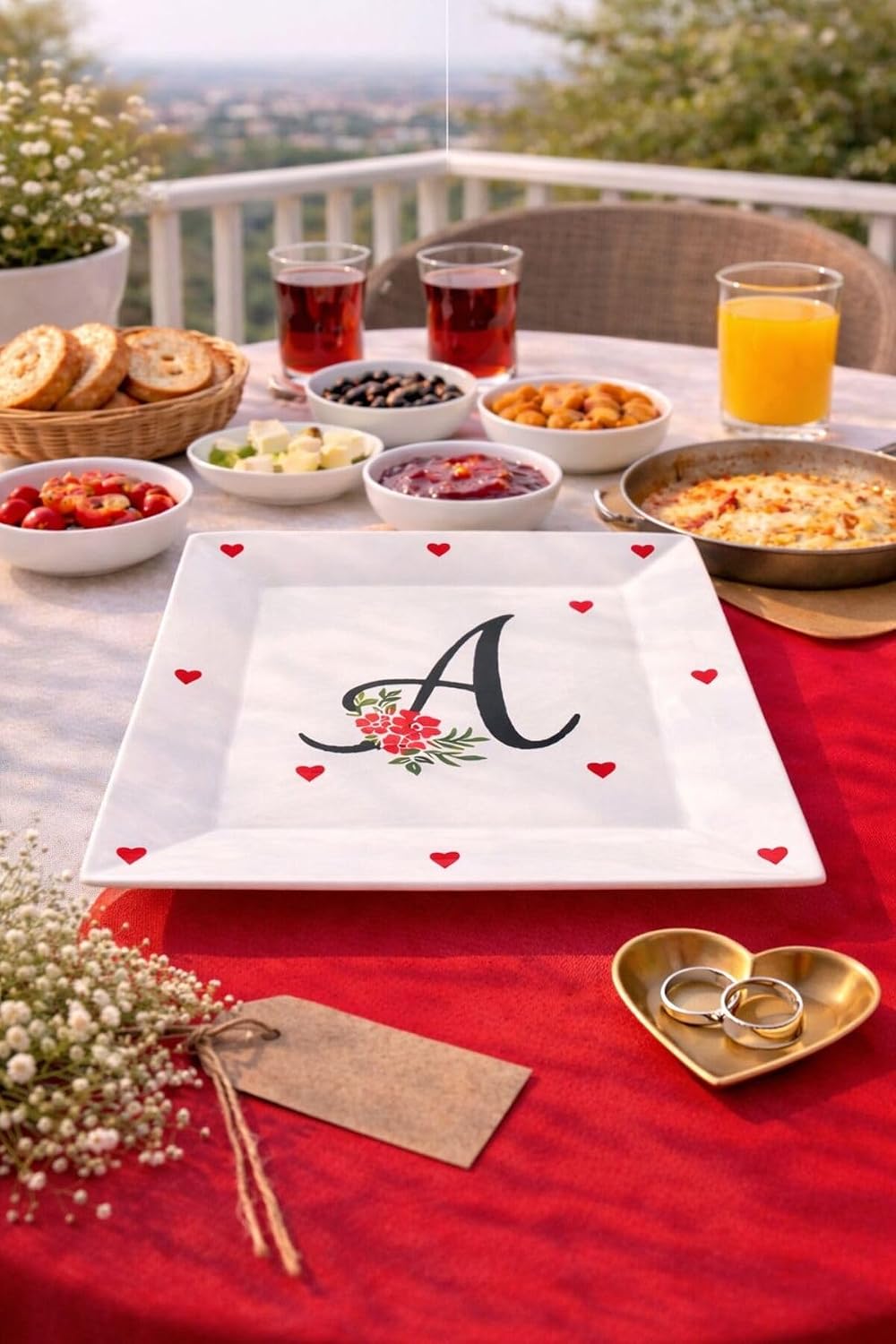 SODEF Personalized Letter Breakfast Plate 's Day Gift for Girlfriend, Mom, Teacher, Handmade Ceramic Serving Dish, Red - Red, One Size