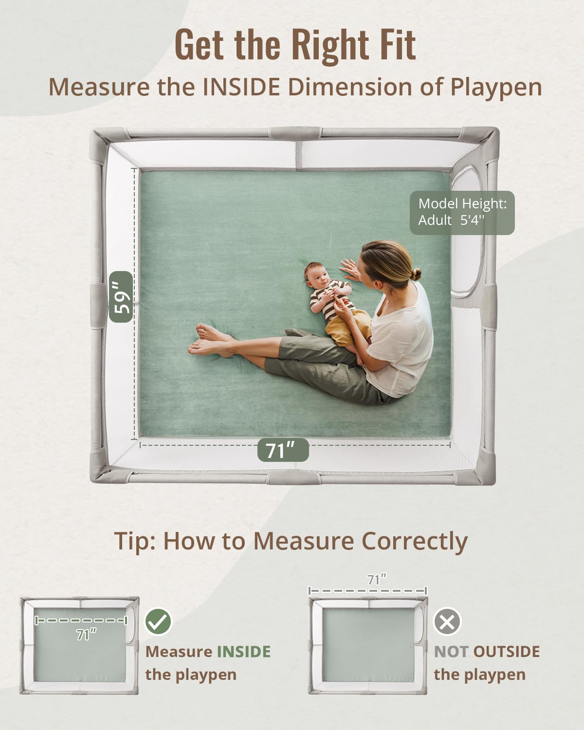 Blissful Diary 1.3" Thick Baby Play Mat, 71x59 Playpen Mat with Removable & Washable Cover, Ultra Soft Crawling Rug for Floor, Foam Cushion & Non-Slip Backing for Kid, Toddler and Infant, Sage Green