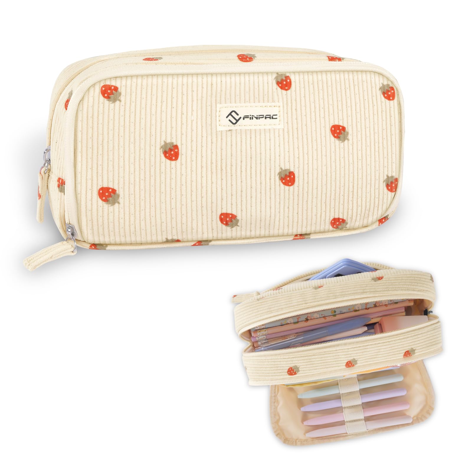 FINPAC Pencil Case, Double-Layer Corduroy Pencil Case with 3 Compartments, Large Capacity School Pencil Pouch, Portable Stationery Marker Pen Case, Strawberry