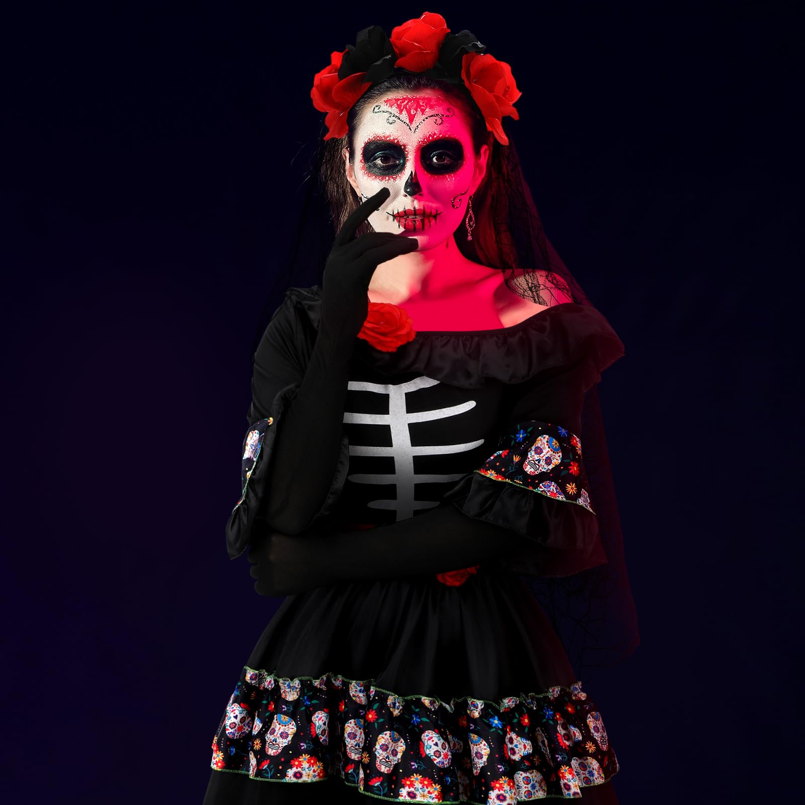 Xaatren 5 Pcs Women's Day of the Dead Spanish Costume Halloween Skirt Gloves Stocking Face Tattoos Floral Crown Veil (Black Skull,X-Large)