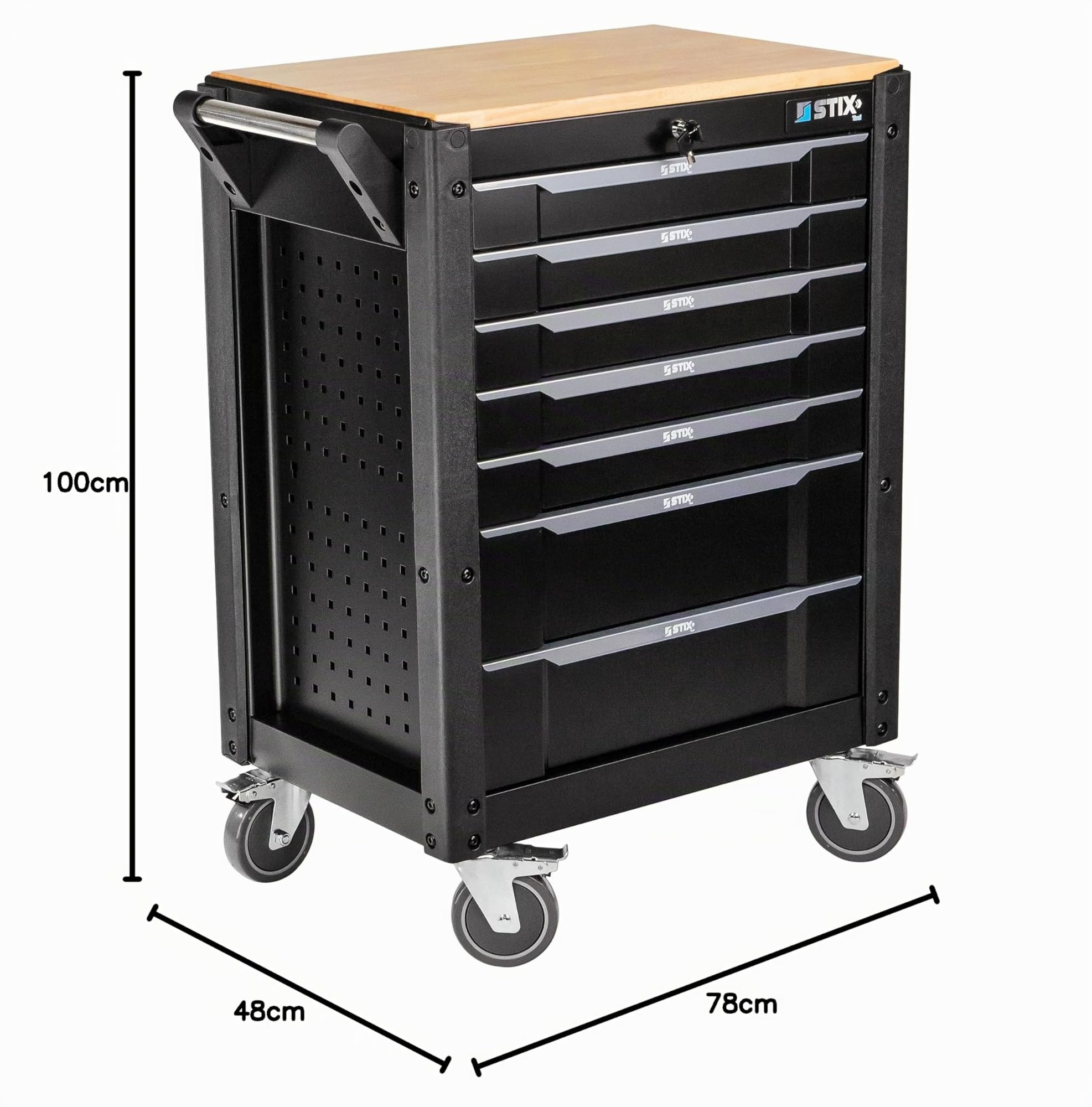 STIX UltimatePro C7 Servante d'atelier 7 tiroirs, Plateau en Bois d'hévéa