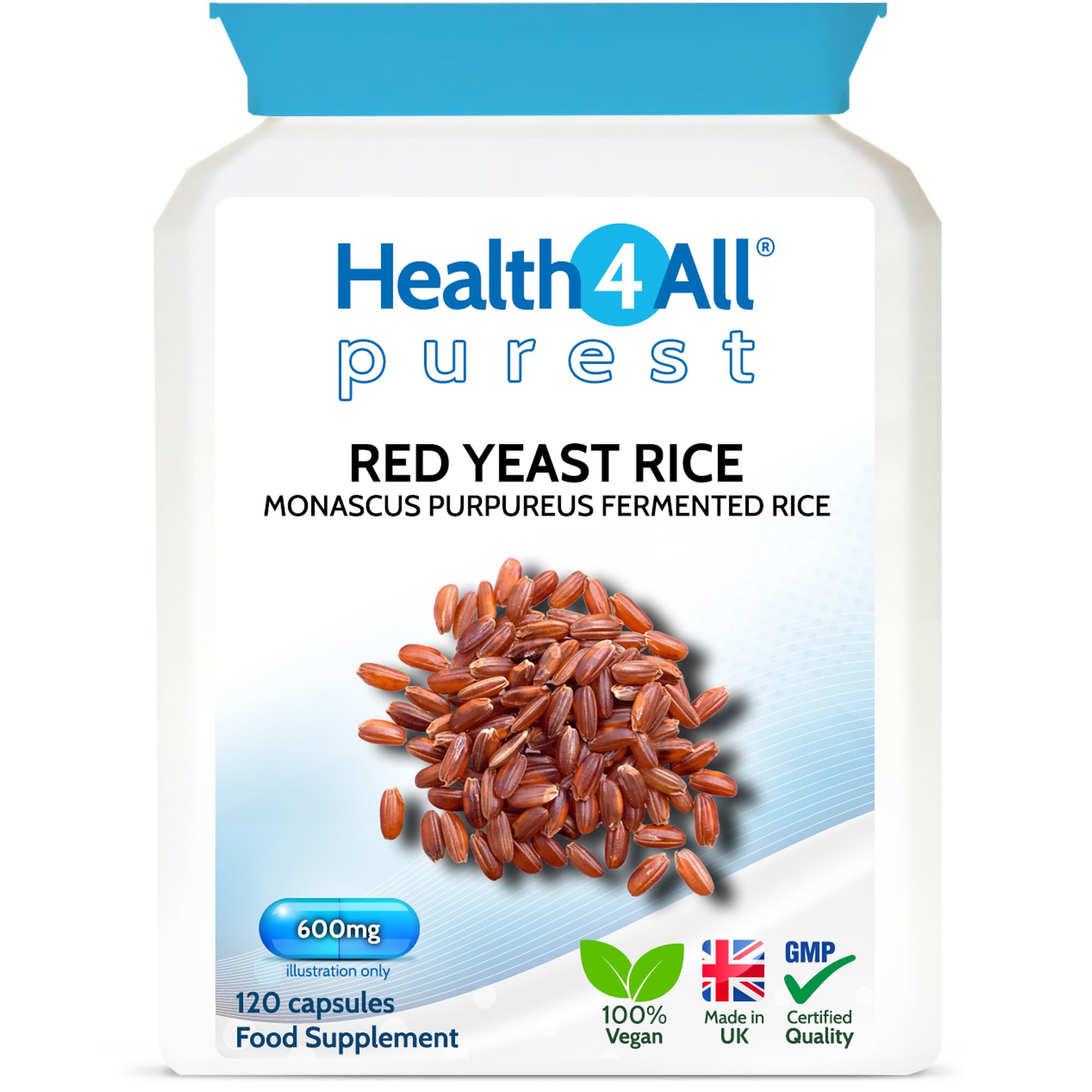 Health4All Red Yeast Rice 600mg 120 Capsules. High in Monacolin K. Cholesterol Lowering Supplement. Purest - no additives. Vegan.