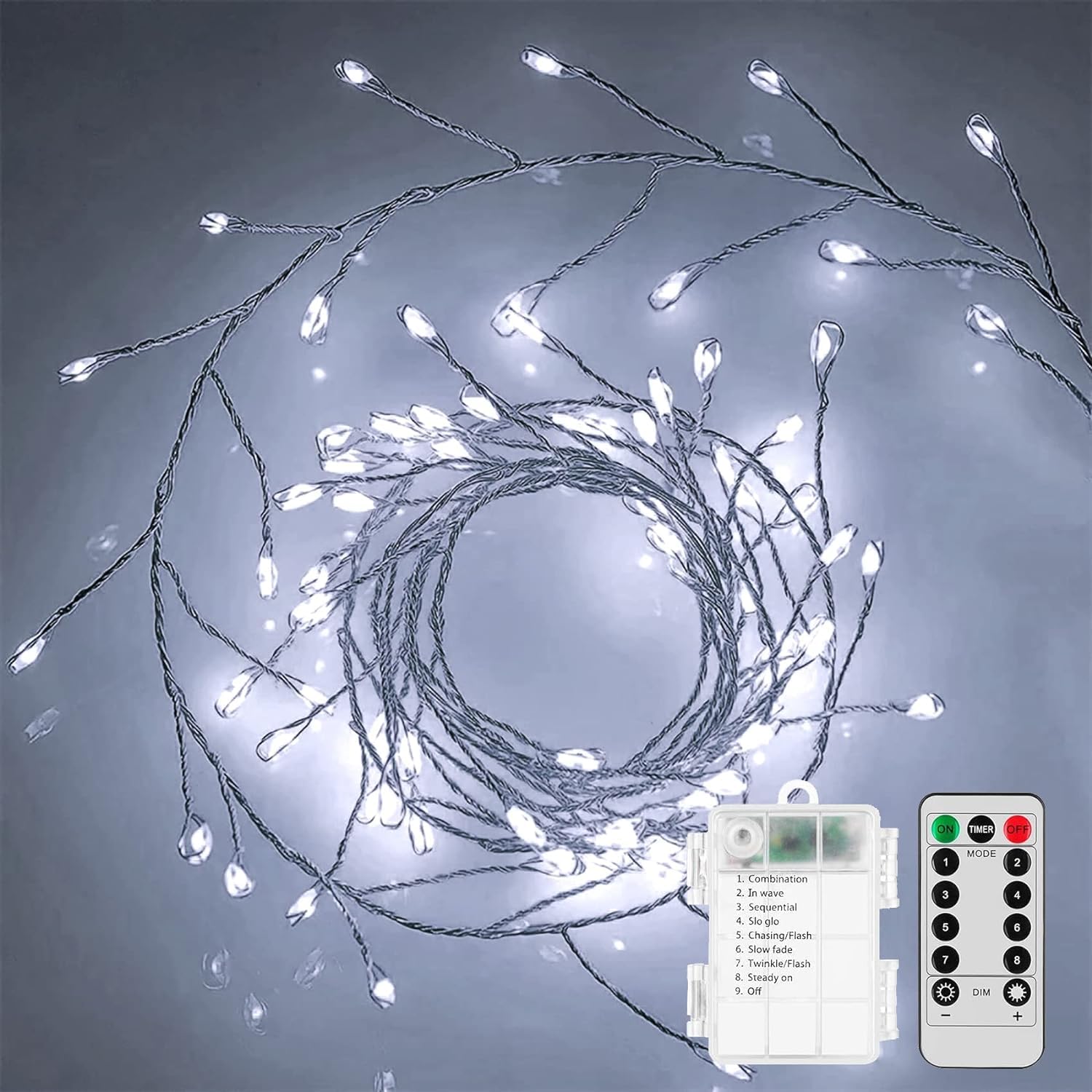 zhonghua Christmas Tree Cluster Lights, Firecrackers String Lights 6M 200LED Cluster Christmas Lights Waterproof Battery with Remote (White)