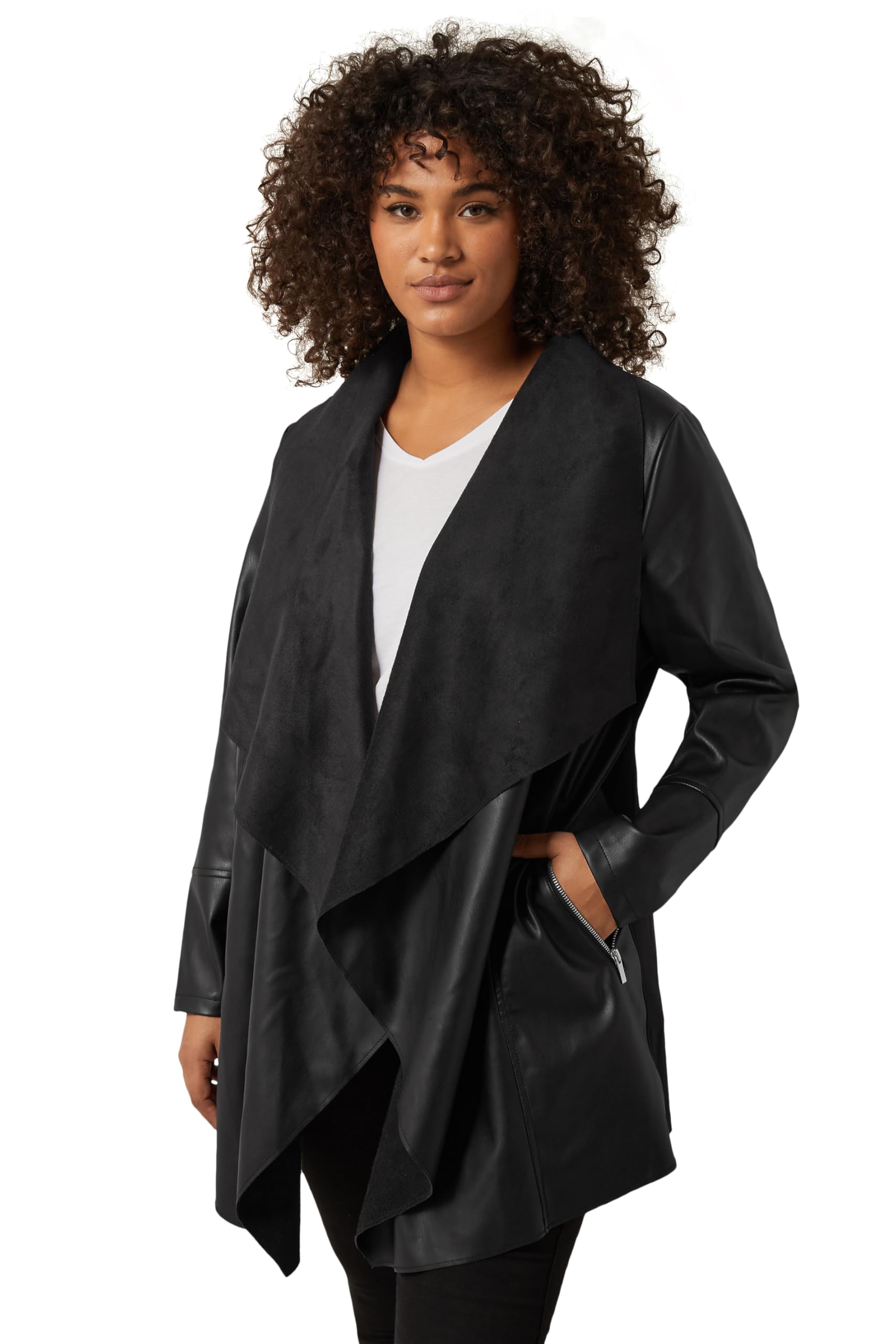 Evans Women's Black Curve Faux Leather Waterfall Jacket - Plus Size Curve