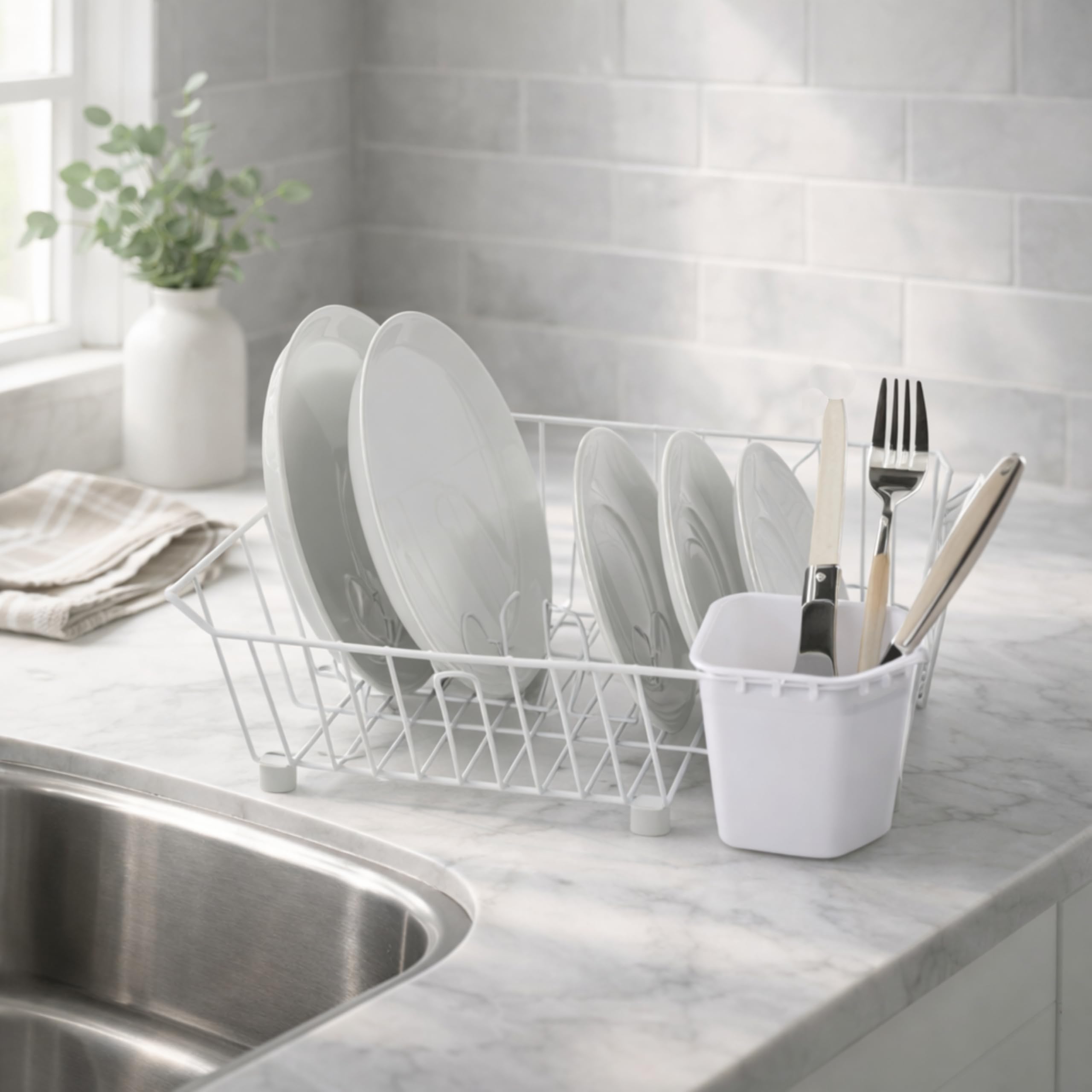 Oggi, Acero Inoxidable, Blanco, escurridor de Platos con Organizador de Utensilios