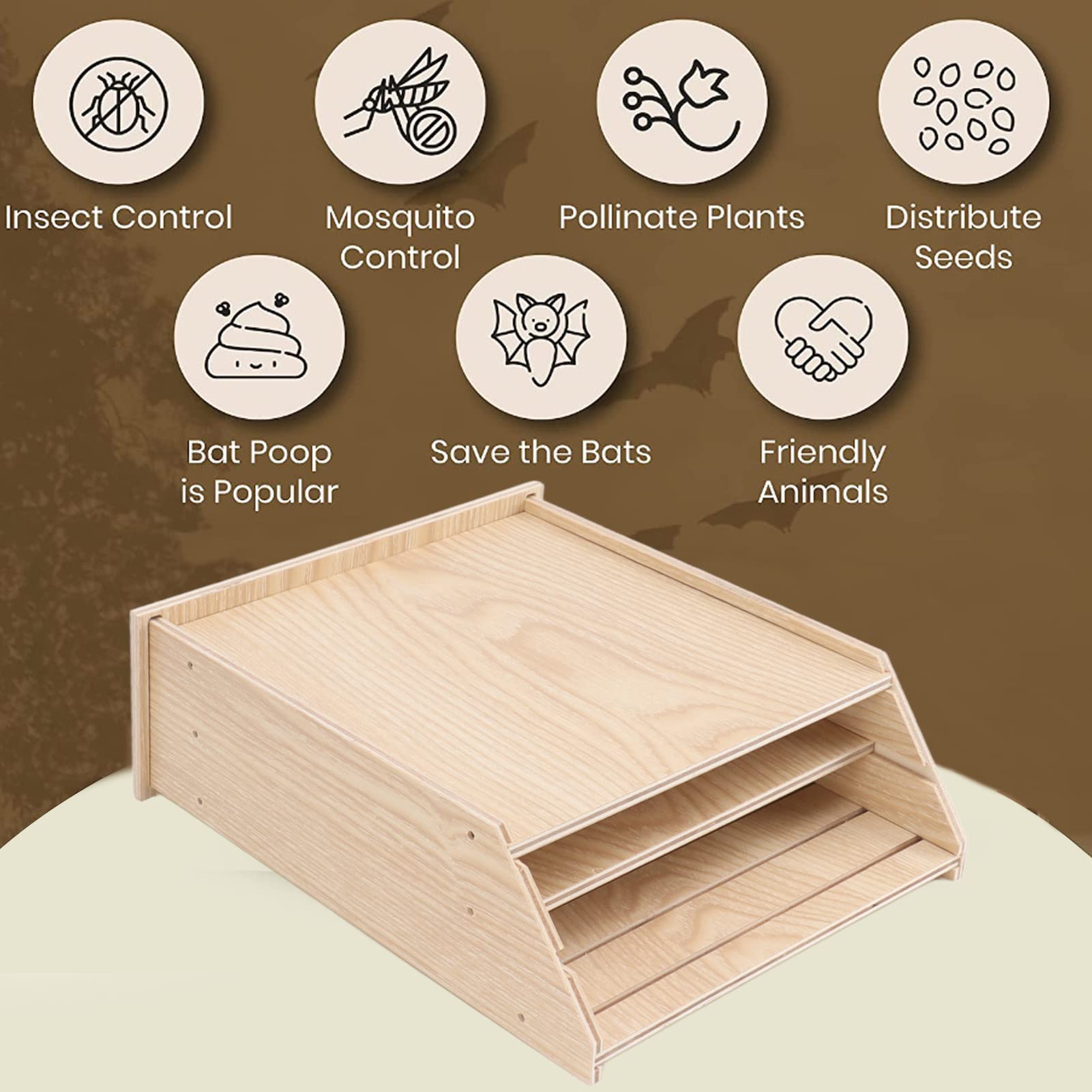 Casa de Madera para Murciélagos, Casa para Murciélagos para Exteriores, Suministros para Murciélagos con 2 Cámaras, Refugio para Murciélagos Al Aire Libre para Jardín