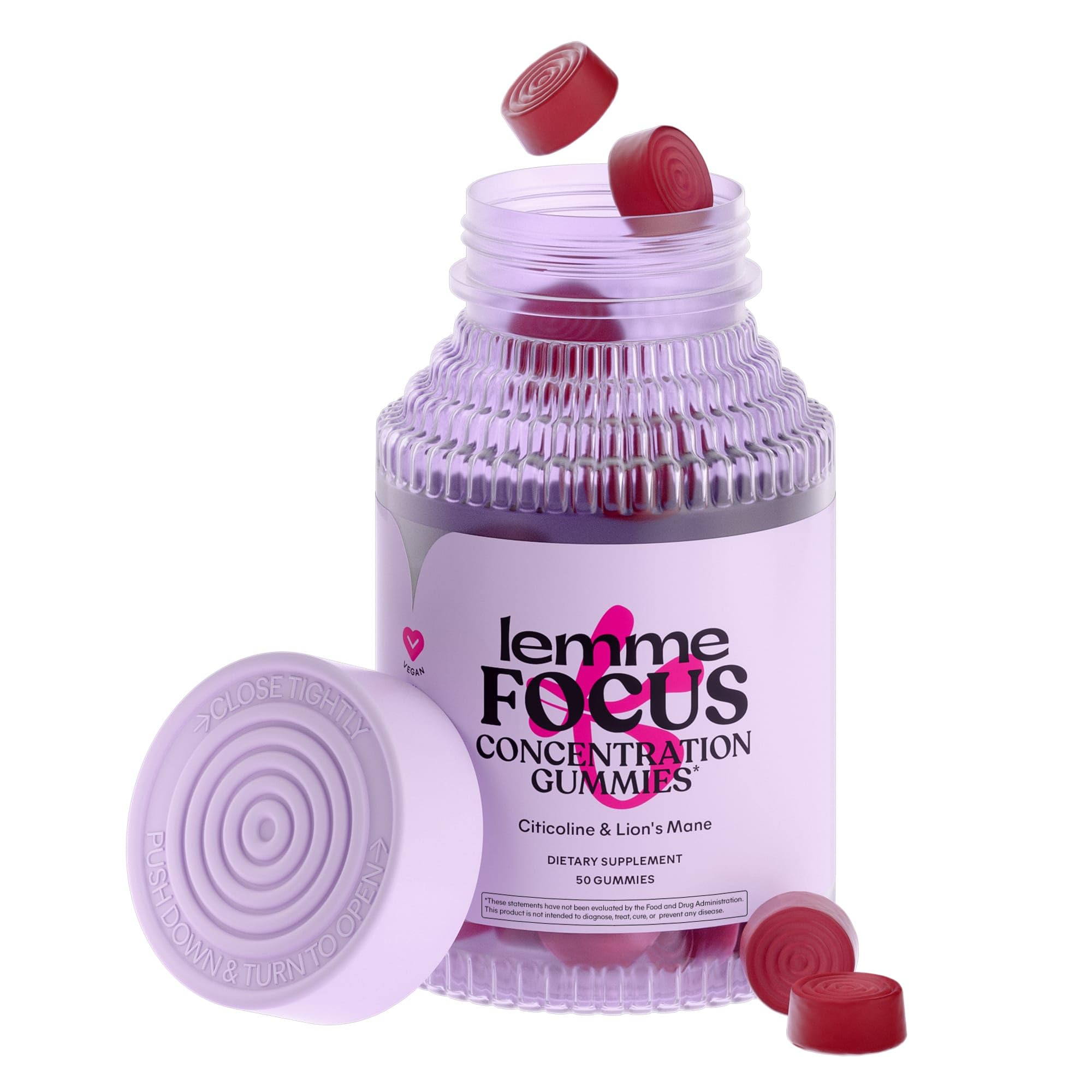 Lemme Focus Concentration & Brain Health Gummies with Cognizin Citicoline, Lion's Mane Mushroom, Vitamin B12 to Support Focus + Concentration - Gluten Free, Caffeine Free, Strawberry (50 Count)