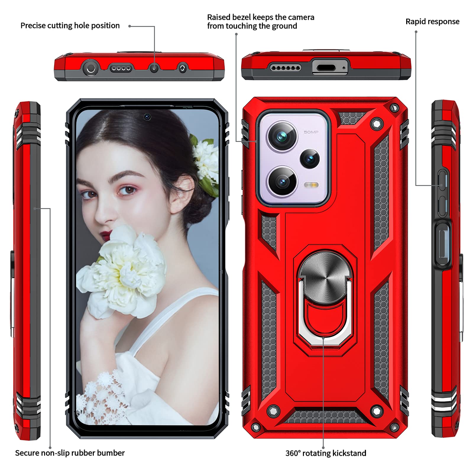 LeYi per Cover Xiaomi Poco X5 5G / Redmi Note 12 Custodia con Vetro Temperato[2 Pack]+Pellicola Fotocamera[2 Pack], Grado Militare 360° Anello Supporto TPU Bumper Silicone Custodie Rosa
