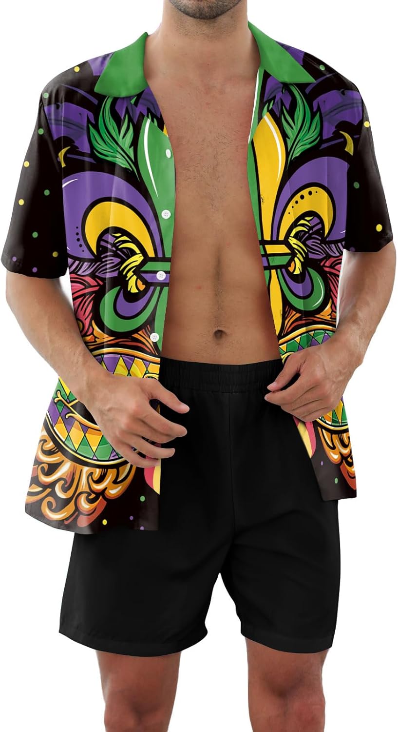 color cosplayer Mens Mardi Gras Button Down Short Sleeve Shirts Plus Size Holiday Costume for Men