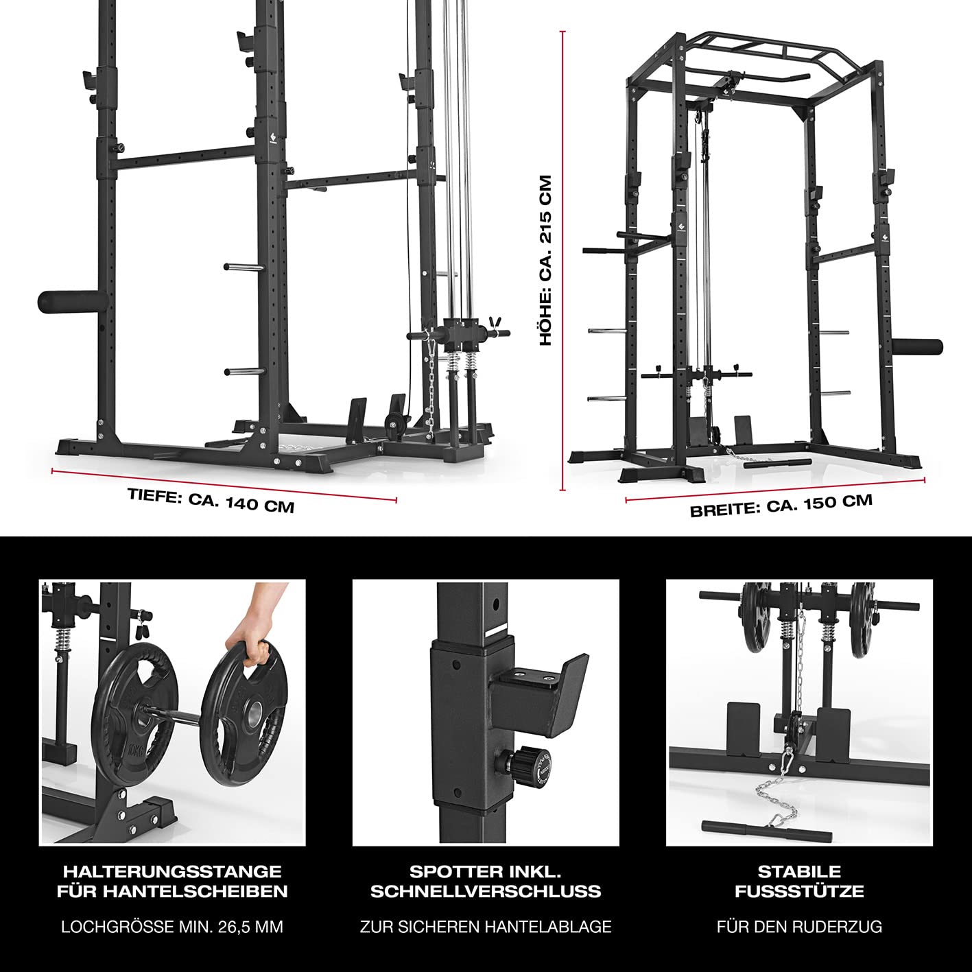 FitEngine Power Rack | Power Cage mit Latzug, Kabelzug, Dip-Station + Klimmzugstange | Variabel einstellbare Spotter für Langhantel