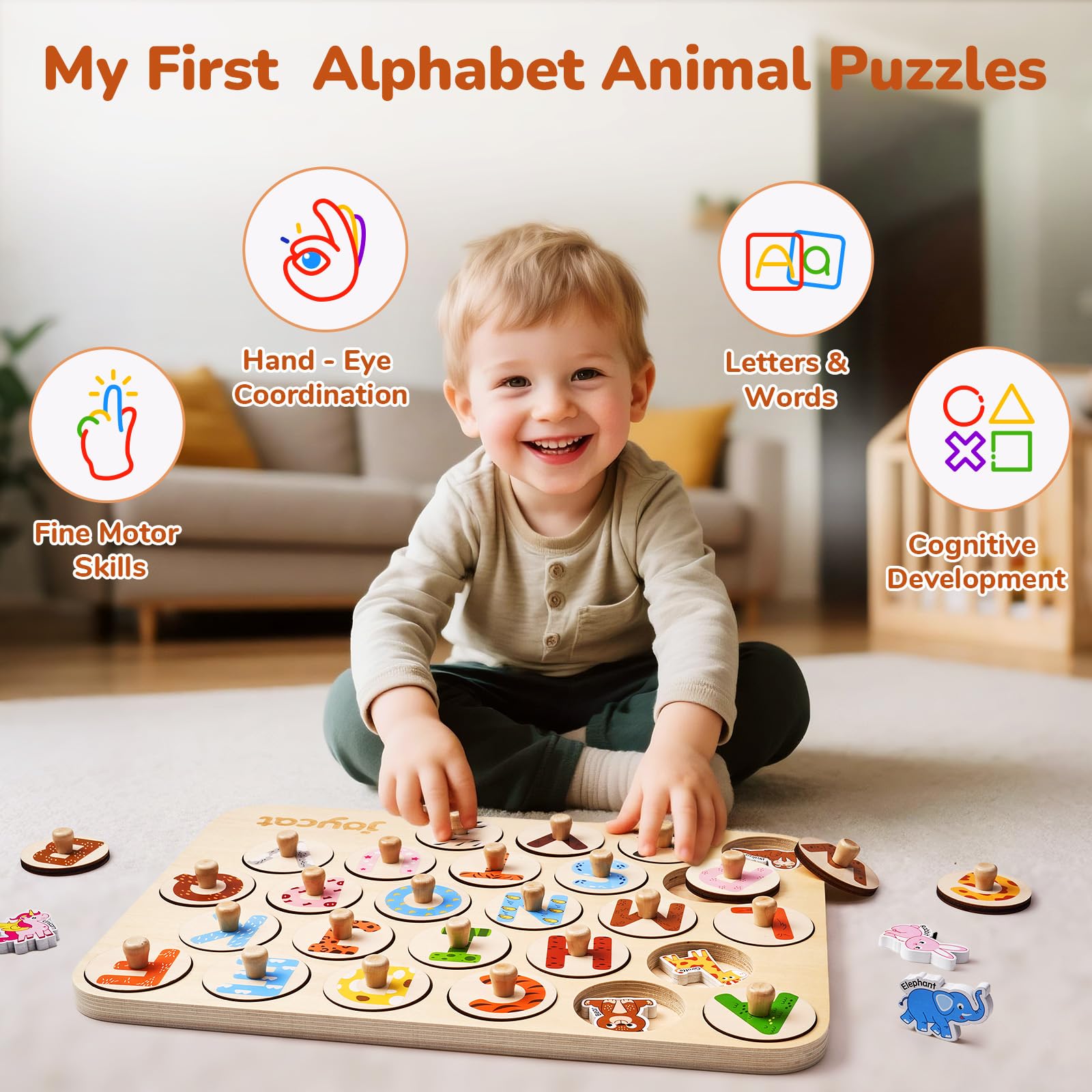 JoyCat Wooden Puzzles for Toddlers 1-3, 52 Pcs Large Size Letter Matching Animal Alphabet Peg Puzzles, Montessori ABC Learning Toy, Gifts for 1 2 3 4 Year Old Boy Girl, Preschool Learning Activities