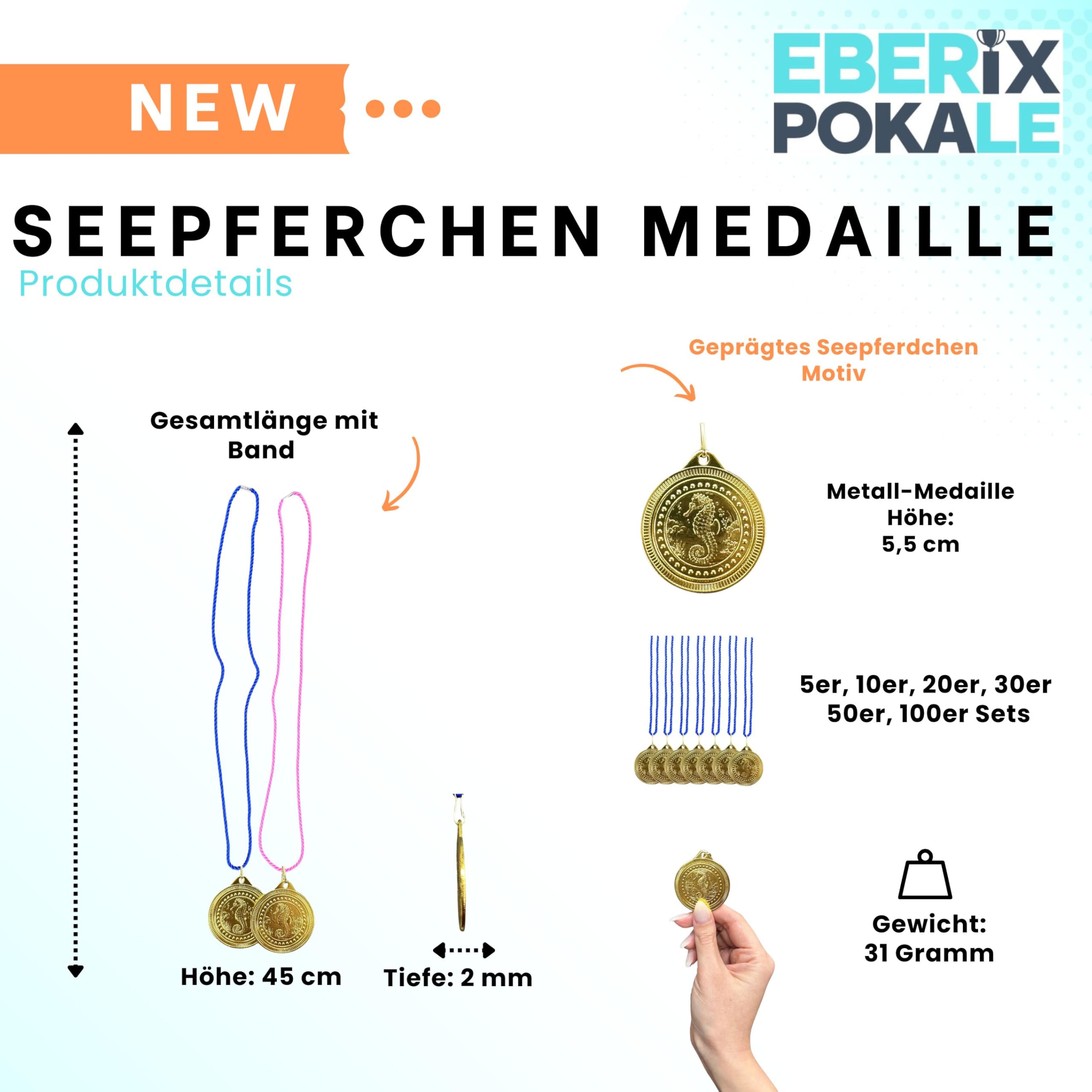 Seepferdchen Medaille 50 mm aus Metall – glänzende Schwimm Medaille für Kinder & Vereine – inklusive Kordel in Blau oder Rosa – 31 g – Ideal für Schwimmkurse & Wettkämpfe