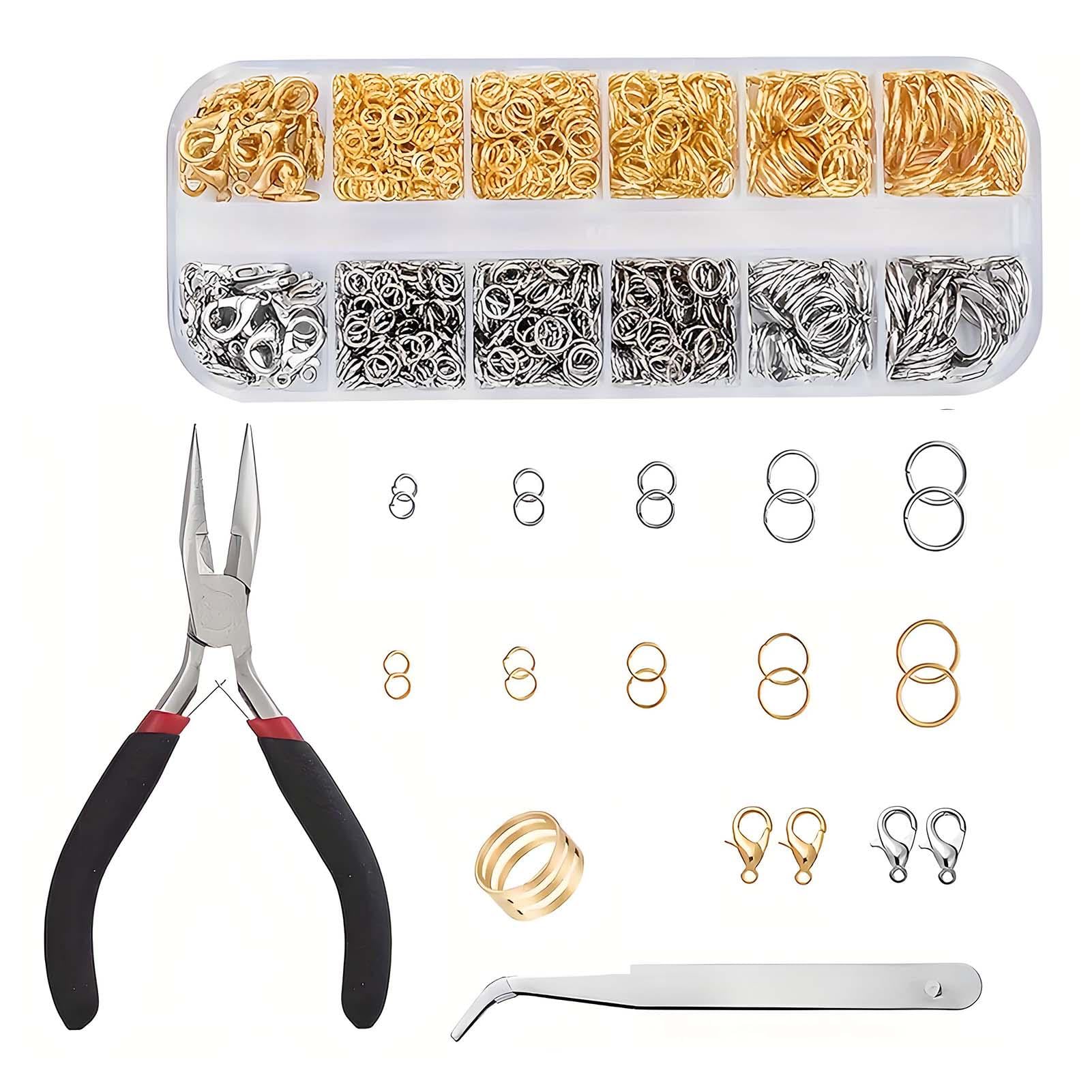 1200 Pcs Jump Rings for Jewelry Making Kit, Jump Rings and Necklace Clasps with Jump Ring Pliers Tools for Jewelry Making Supplies and Necklace Repair (Silver, Gold)