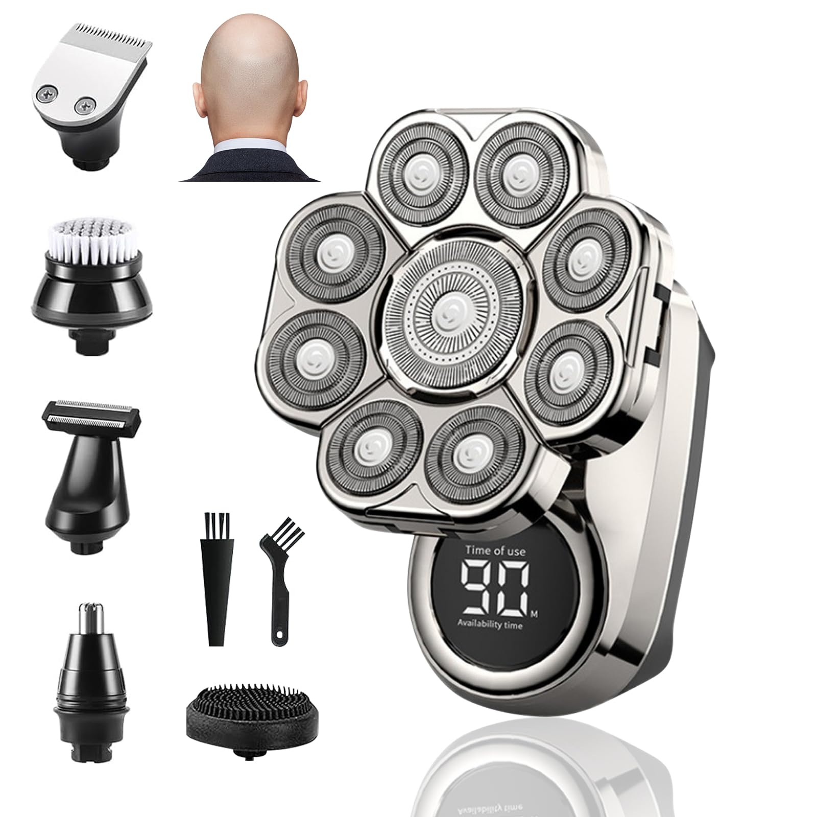 Afeitadora Cabeza Hombre, 9D Maquina Afeitar para Calvo, 6 in 1Afeitadora Electrica Cabeza Hombre con Pantalla LED Impermeable IPX6 en Seco y Húmedo, USB-C Recargable para Cabeza Facial
