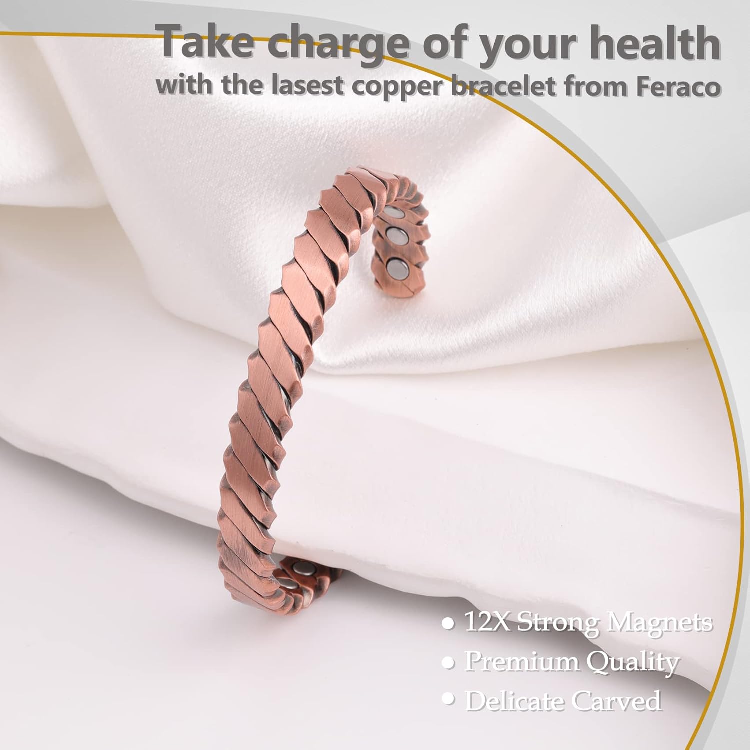 Feraco Copper Bracelets for Men, 12X Strength Wide Pure Copper Magnetic Bracelet for Men with Neodymium Magnets, Adjustable Cuff Bangle with Giftable Box - Image 2