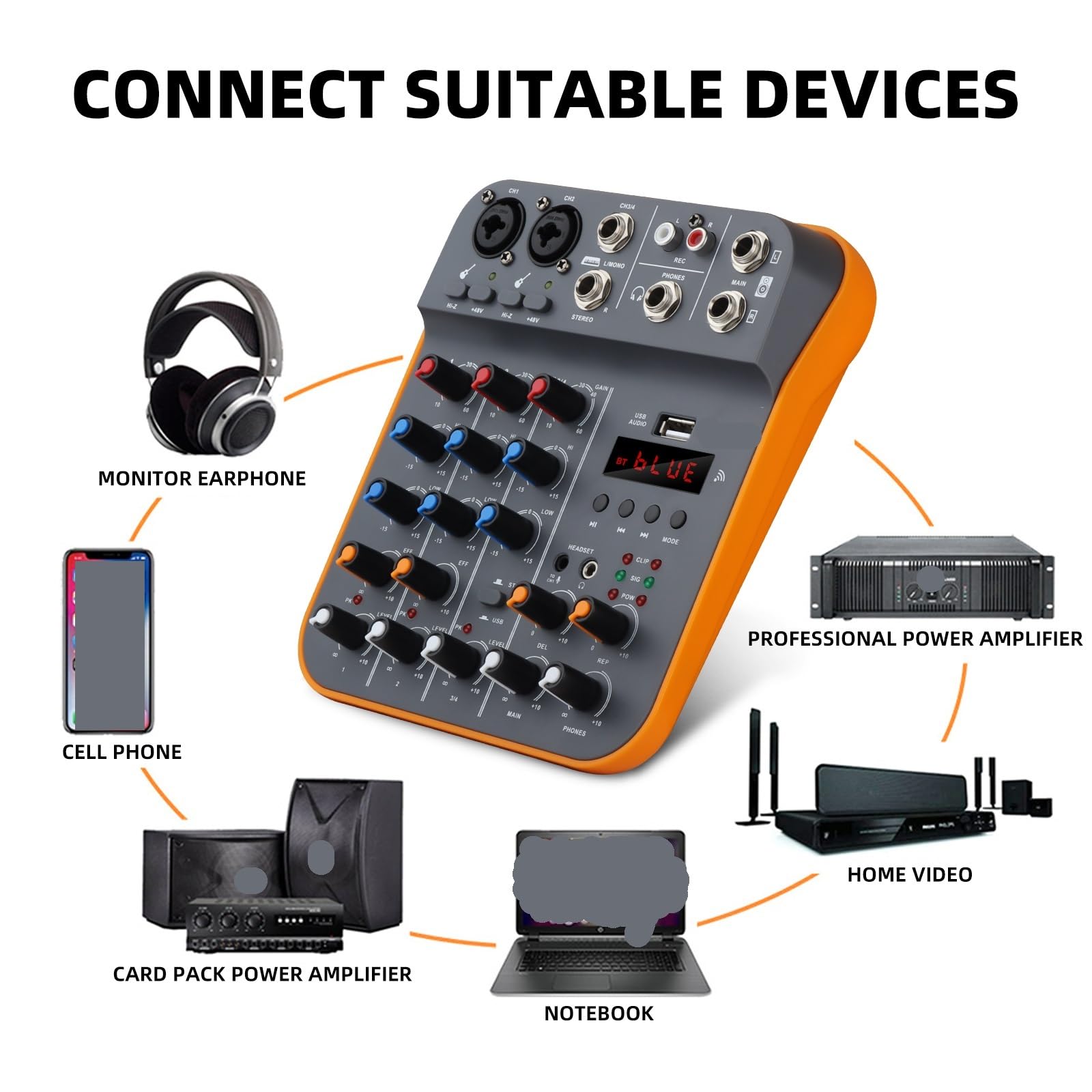 Mikser dźwięku, 4-kanałowy mikser audio DJ konsola miksująca z Bluetooth 5.0 48V Phantom Power do nagrywania na komputerze
