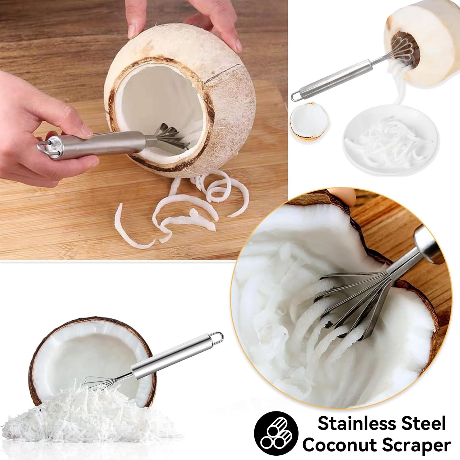 2PCS Coconut Scraper, Stainless Steel Coconut Meat Removal Knife Coconut Grater Multi-purpose Grater Planer Meat Removal Slicer for Kitchen Home Supplies