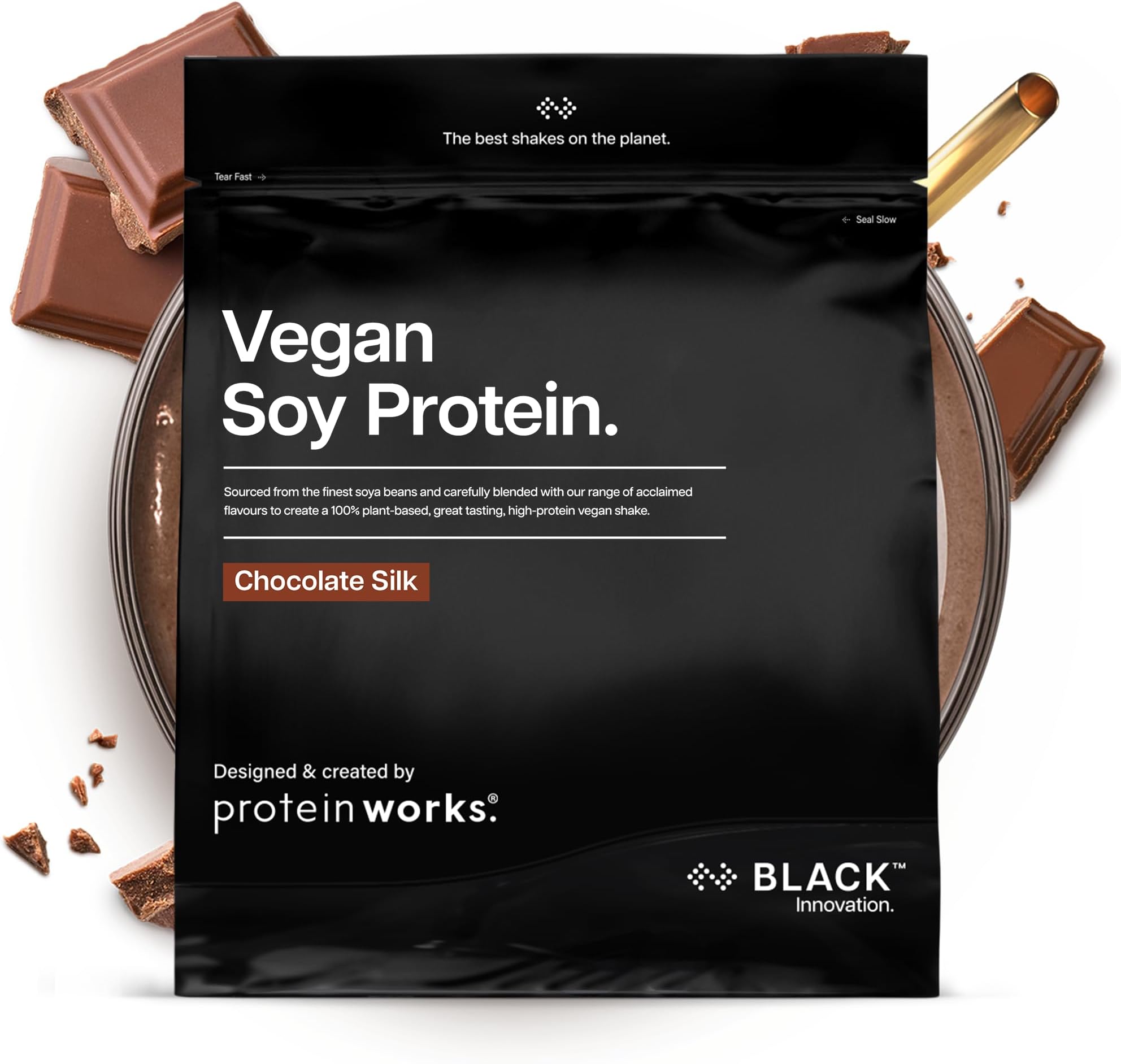 Protein Works | Vegan Soy Protein - Black Innovation, Premium Soy Protein Isolate, Low Fat, No Added Sugar, 27g Protein, 100% Plant-Based Nutrition, Chocolate Silk, 66 Servings, 2kg