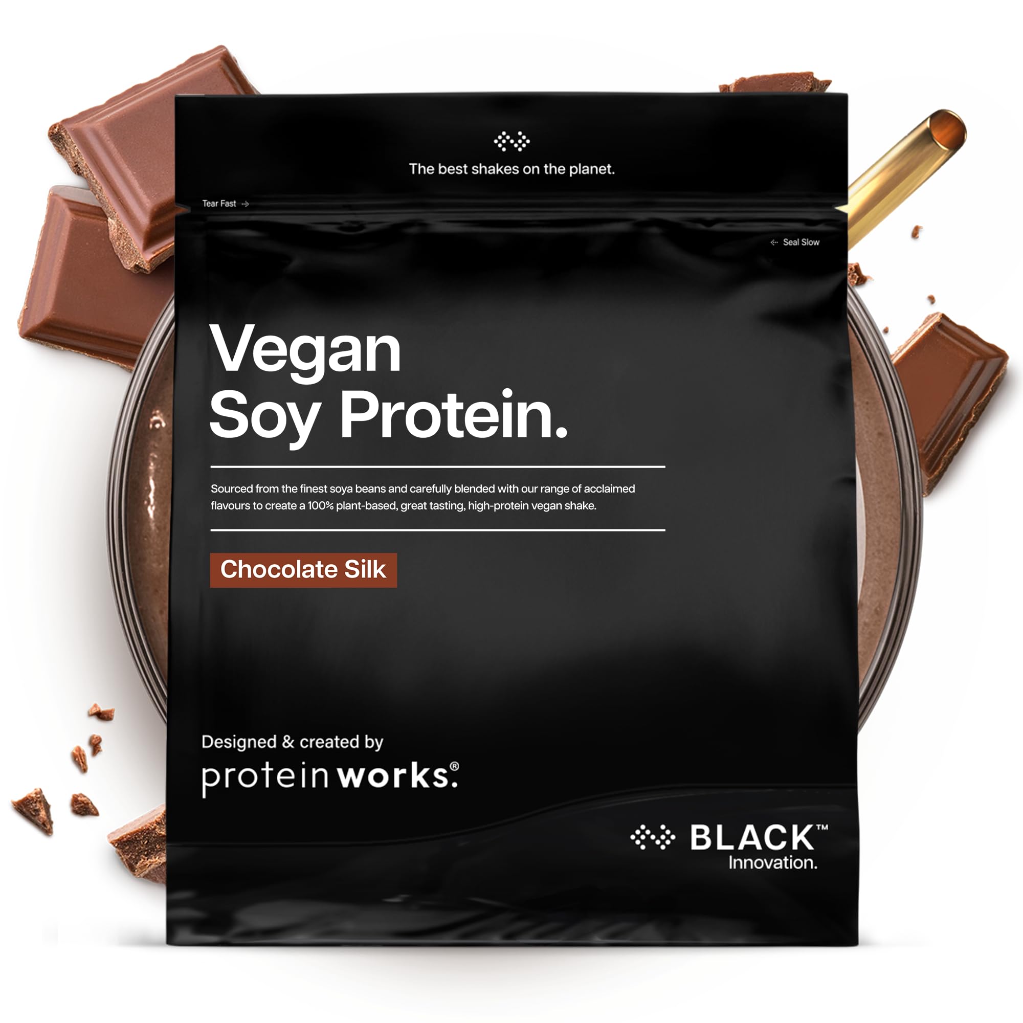 Protein Works | Vegan Soy Protein - Black Innovation, Premium Soy Protein Isolate, Low Fat, No Added Sugar, 27g Protein, 100% Plant-Based Nutrition, Chocolate Silk, 66 Servings, 2kg