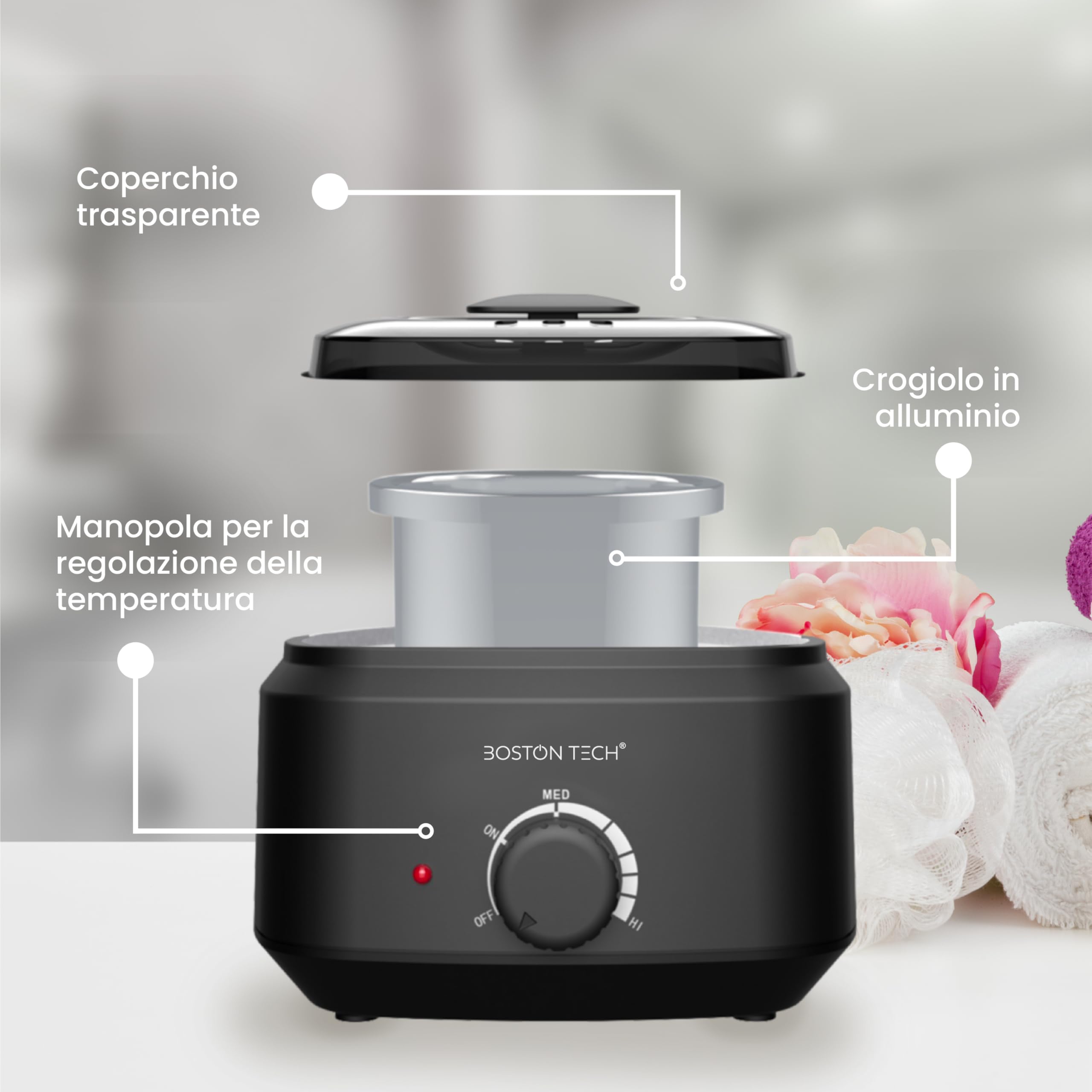 Scaldacera Professionale 500 ml Boston Tech HR101 – Scaldacera Elettrico con Controllo Temperatura, Contenitore Rimovibile in Alluminio, Fornetto per Ceretta Casa e Salone