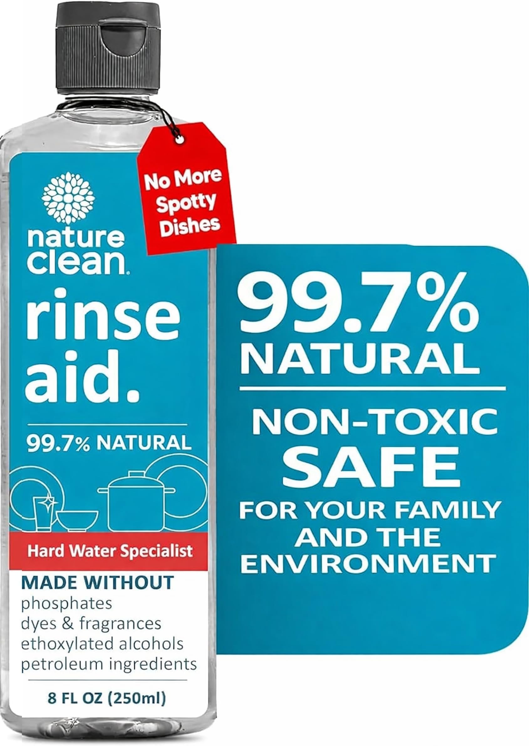 Natural Dishwasher Rinse Aid Cleaner Liquid & Dishwashing Drying Agent 8 oz - 250ml. Non-Toxic Eco-Friendly Plant-Based Fragrance-Free. Spot Free Hard Water Stain Remover for Glass