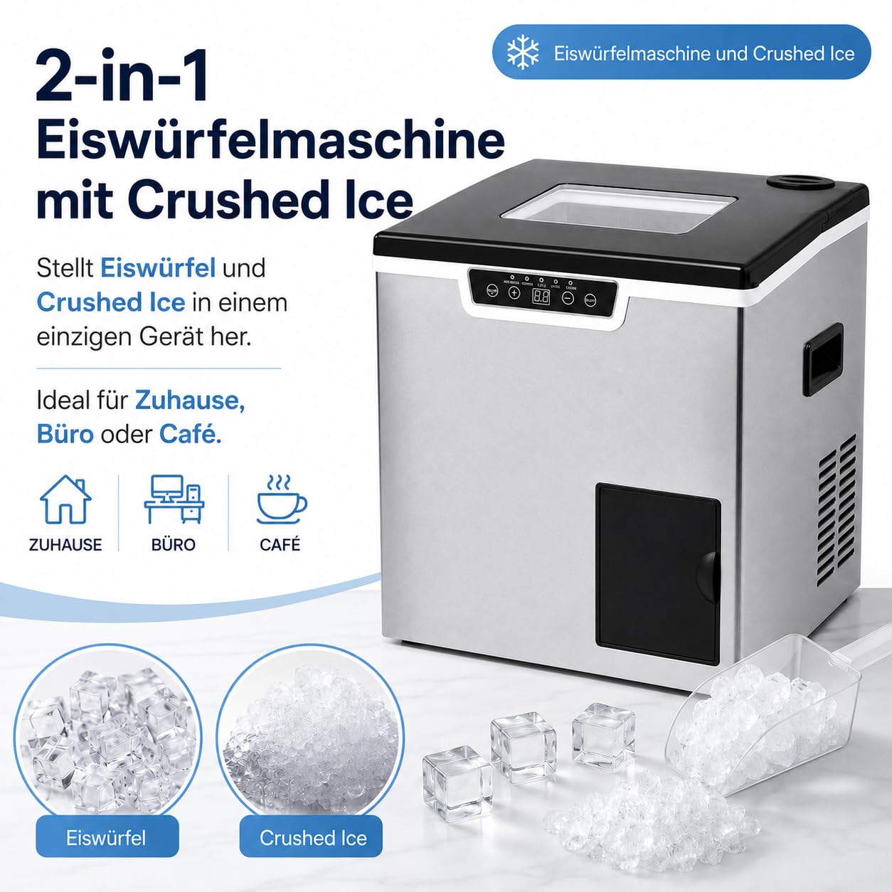 Máquina de cubitos de hielo 2 en 1 con depósito, pala de hielo, 32 dados, 12-22 min | Con depósito de hielo triturado de 1,8 L, 1000 g, pantalla LCD, para casa, oficina, cafetería, fiesta, RV