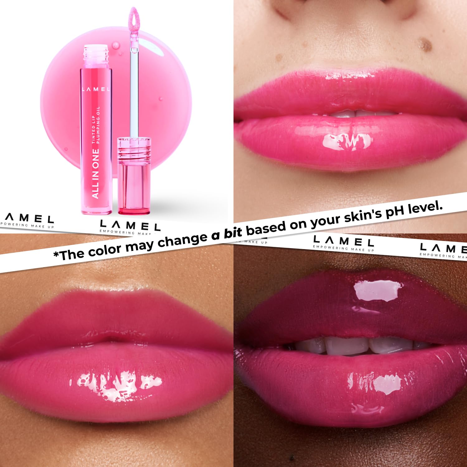 Lamel All In One Lip Tinted Plumping Oil- Pink sparkle, Lip Oil Tint for Pigmented Lips | Hydrating, Plumping & Glossy Lip Tint | Non-Sticky Lip Oil with Long-Lasting Tint | 3ml 3