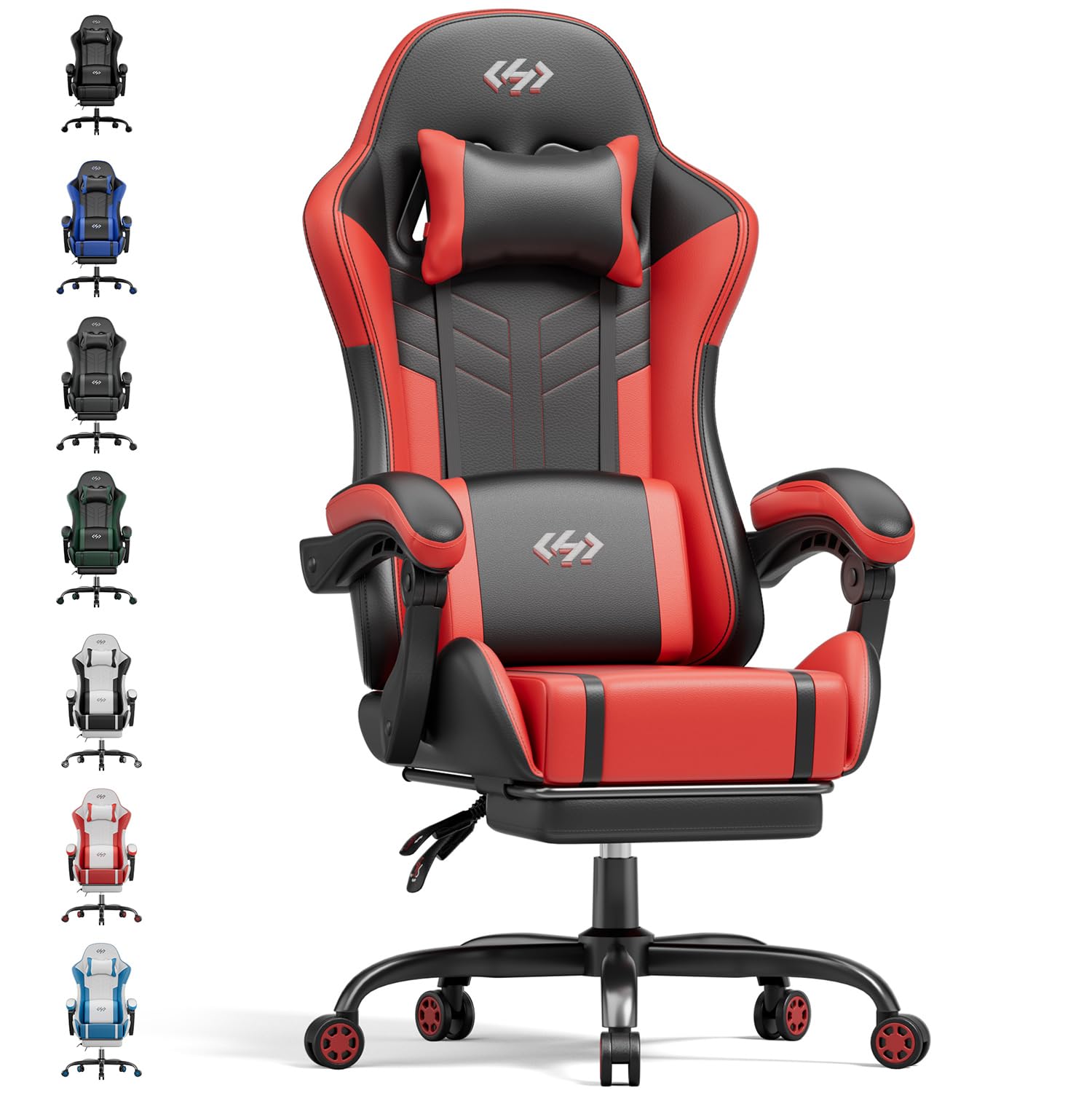 HLFURNIEU Silla Gaming con Masajeador, Silla Gamer Ergonómica con Cojín Lumbar Masajeador y Reposapiés, Sillón Gamer Altura Ajustable, Cadeira Gaming Negro y Rojo