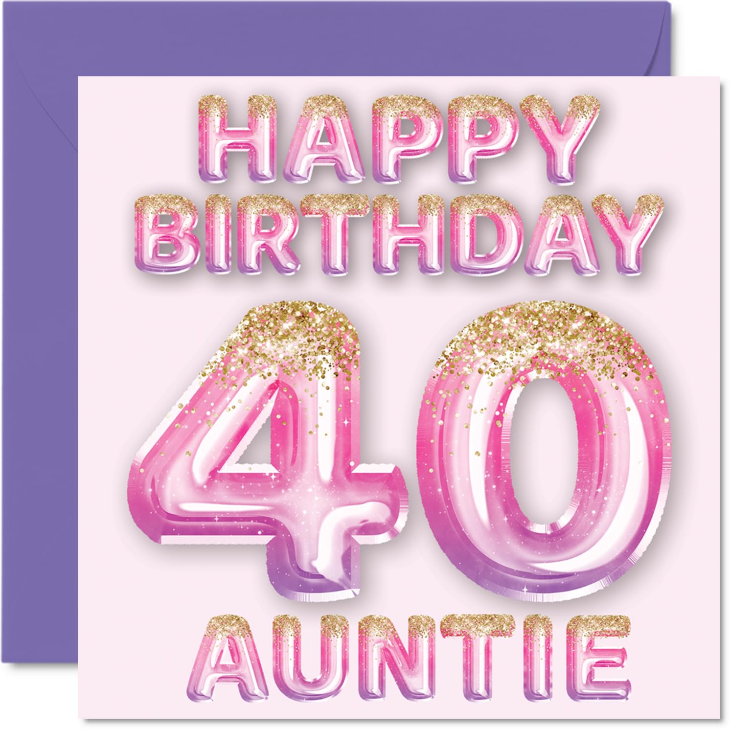 40th Birthday Card for Auntie - Pink & Purple Glitter Balloons - Happy Birthday Cards for 40 Year Old Aunt Aunty from Nephew Niece, 145mm Bday Greeting Cards Gift