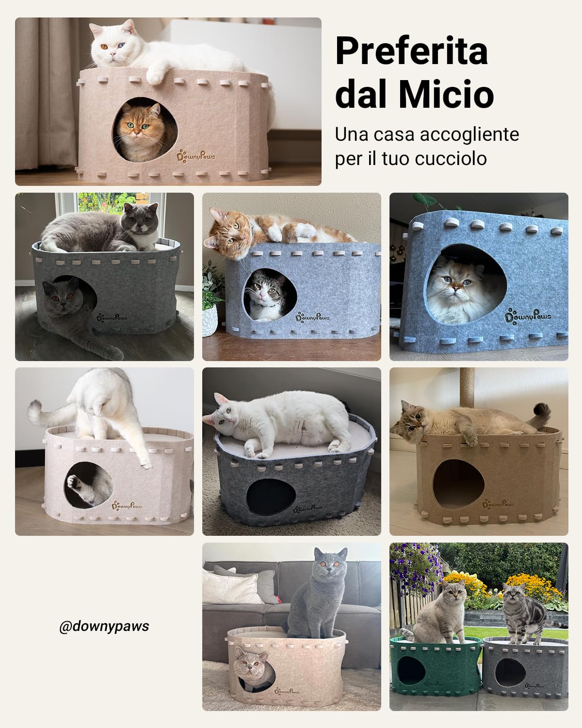 DownyPaws Cuccia Gatto in Feltro, Cuccia Gatto Interno con Doppio Foro che Combina Riposo e Gioco, Cucce per Gatti 58 x 33 x 30 cm Protezione per le Unghie, Facile da Montare e Pulire, Grigio