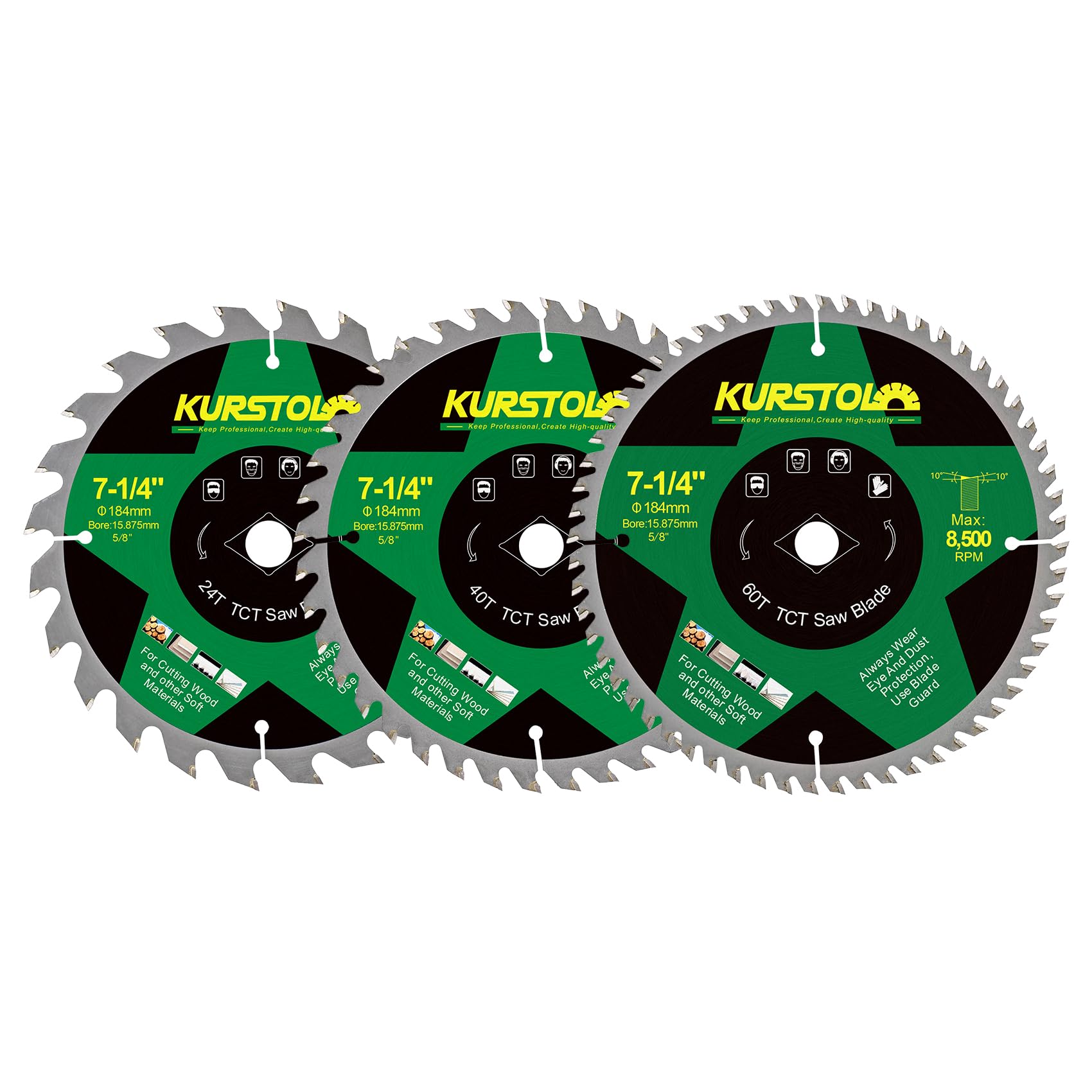 KURSTOL Circular Saw Blade 184mm, 24&40&60T ABT Wood Cutting Saw Blade with 15.875mm Arbor for Wood Plastic, Plywood