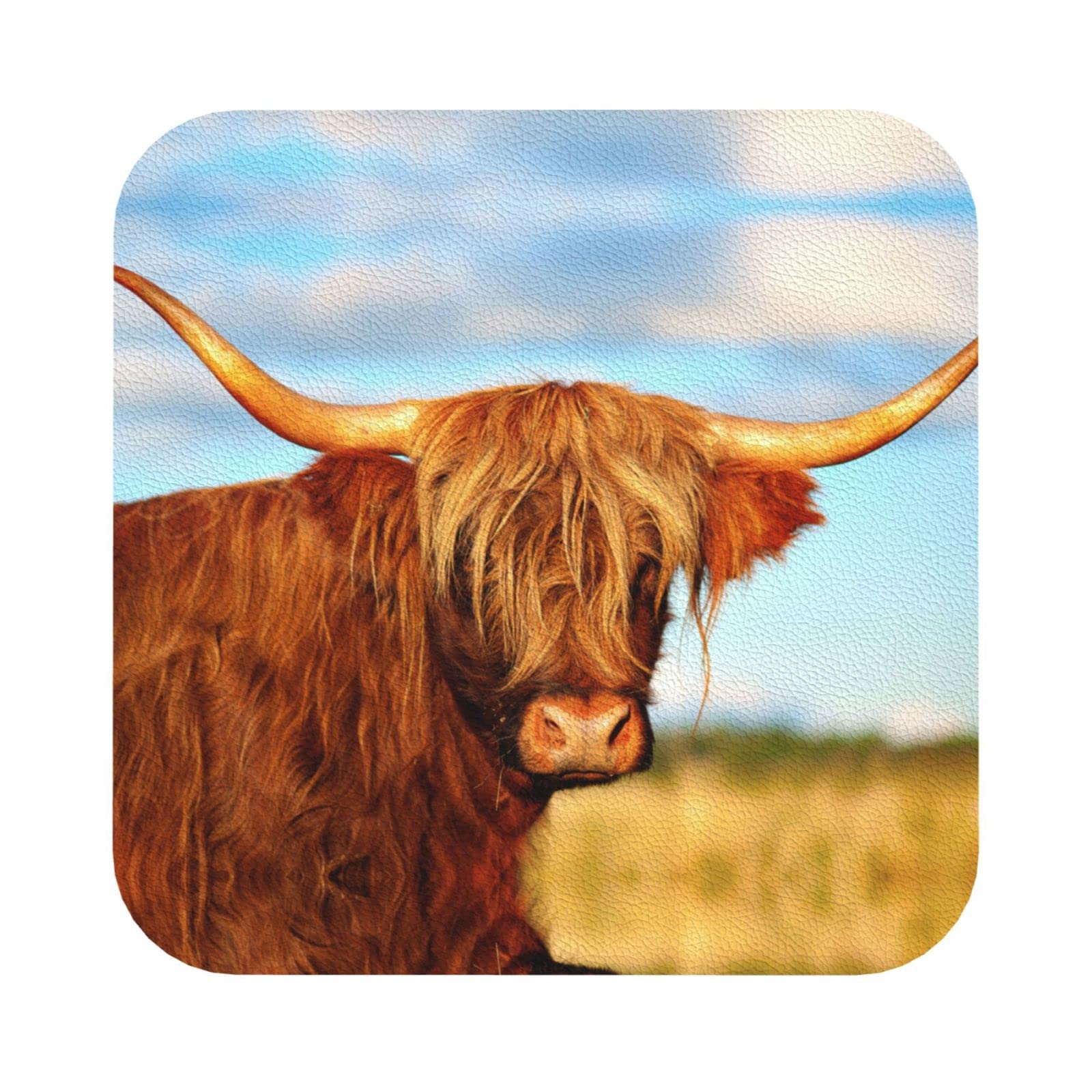 Drink Coasters Set Of 6 Highland Cow Print Leather Coasters Set,Home Kitchen Use Housewarming Gifts