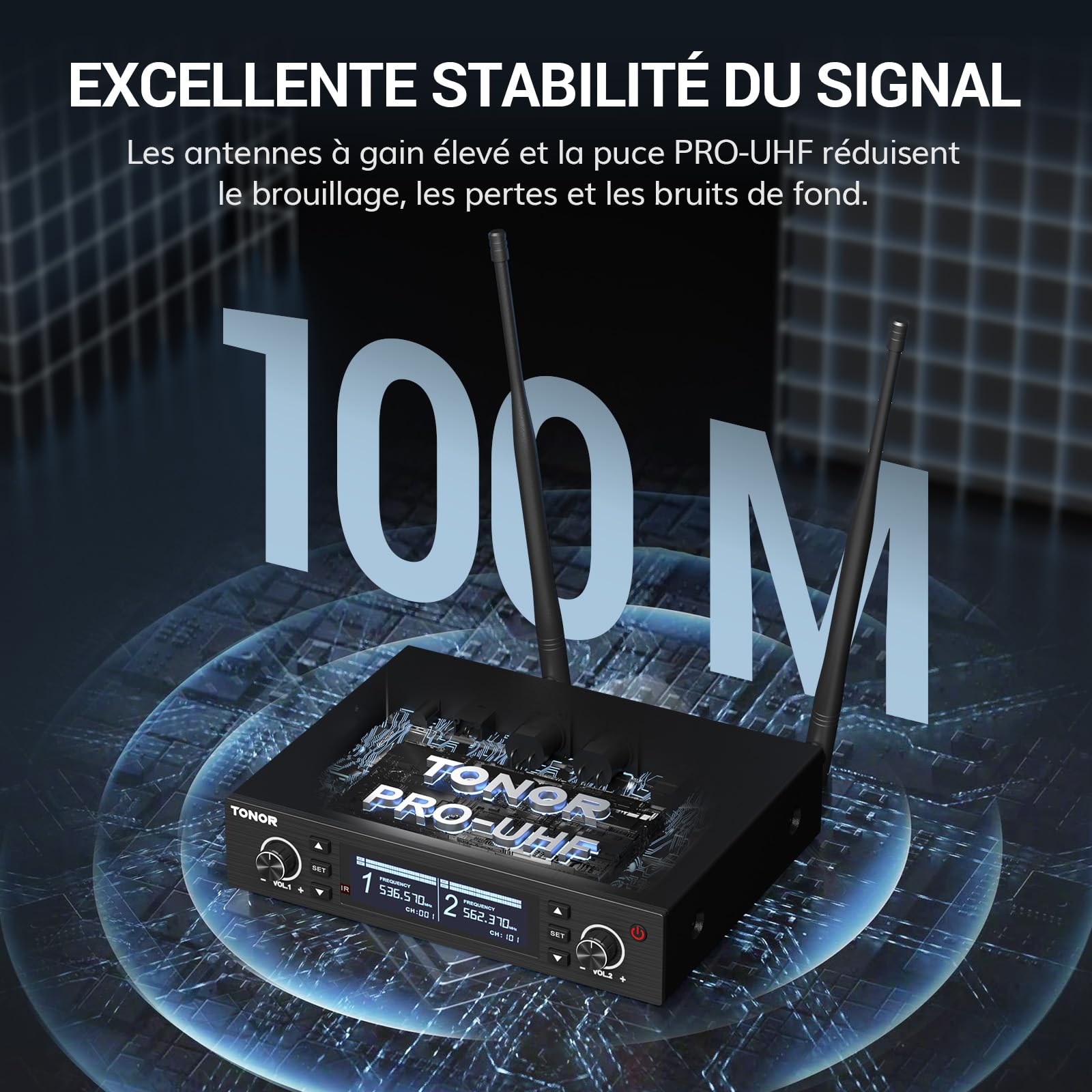 TONOR Micro sans Fil Professionnel, système de Microphone sans Fil Rechargeable, Micro Dynamique en métal 2x100 UHF pour karaoké, église, Chant, Mariage, DJ, Auto Scan, 100M, TW750