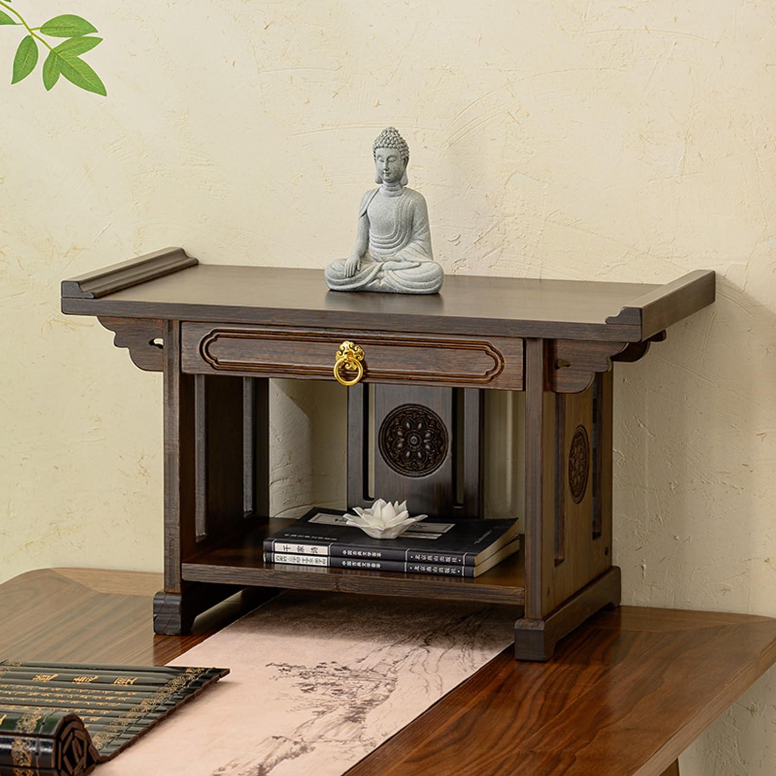 JNTFNE Tabletop Buddha Altar Shelf,Bamboo Prayer Table Guan Gong God of Wealth Pooja Statue Cabinet，small temple for home pooja(60cm/23.6in)