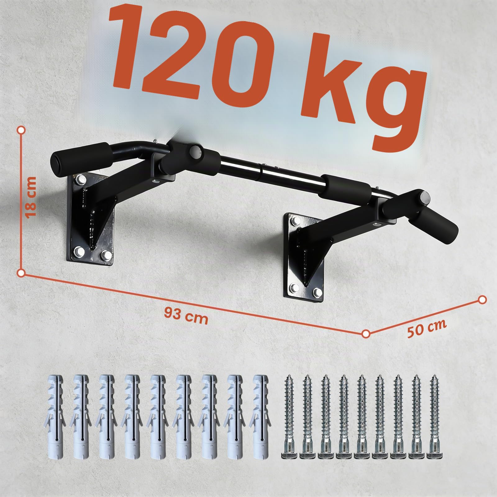 ISE Klimmzugstange Wand zur Wandmontage, Pull Up Bar mit rutschfesten Griffen, Klimmzugstange Decke mit Wandhalterung & 8 Schwerlastdübel zur Montage SY-165