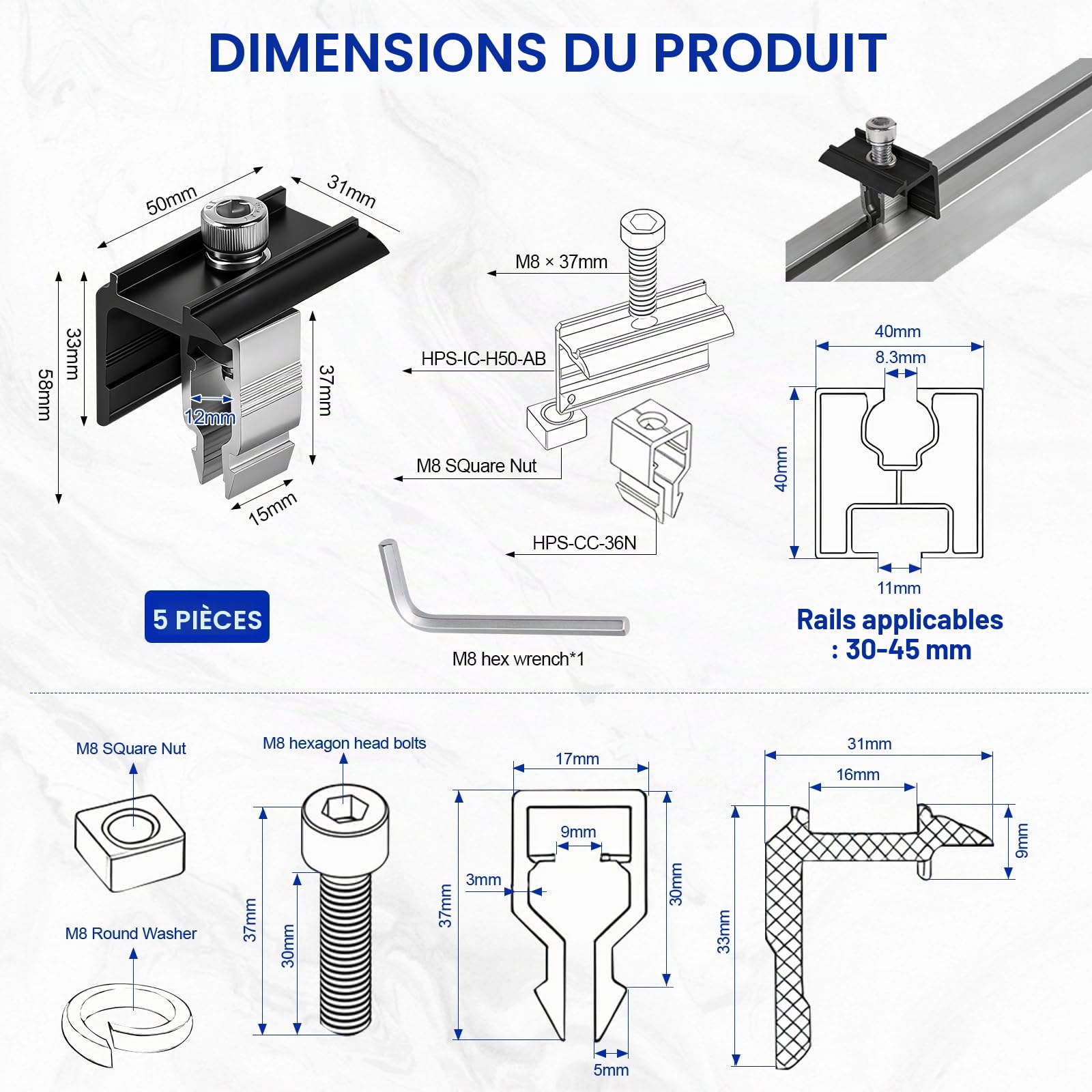 EXLECO Kit de 10 Support Panneau Solaire 30-45mm, Fixation Panneaux Solaires Photovoltaïque en Aluminium pour Rail, PV Pince de Toit - 5 Pièces Pinces Centrales et 5 Pièces d'Extrémité, Noir