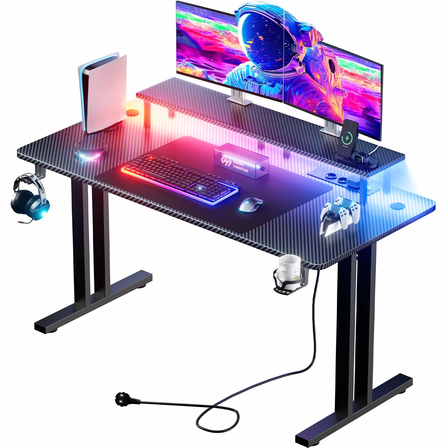 Mesa Gaming LED 120 x 60 cm, Escritorio Gaming con Toma de Corriente y Soporte para Monitor, Mesa Gamer con Portavasos y Gancho para Auriculares, Superficie de Fibra de Carbono, Negro