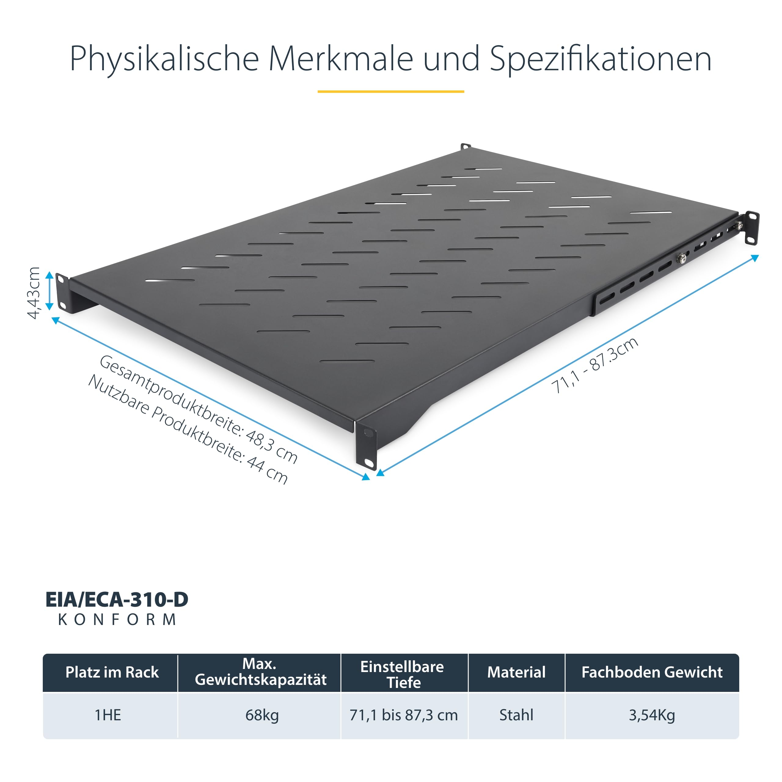 StarTech 1 HE 4-Pfosten Belüftetes Rack Fachboden, 68kg (ADJSHELFV-Rack) | Einbautiefe 71, 1-87, 3cm, EIA-310, Serverrack, Perforiert, M5 Käfigmuttern, 19 Zoll
