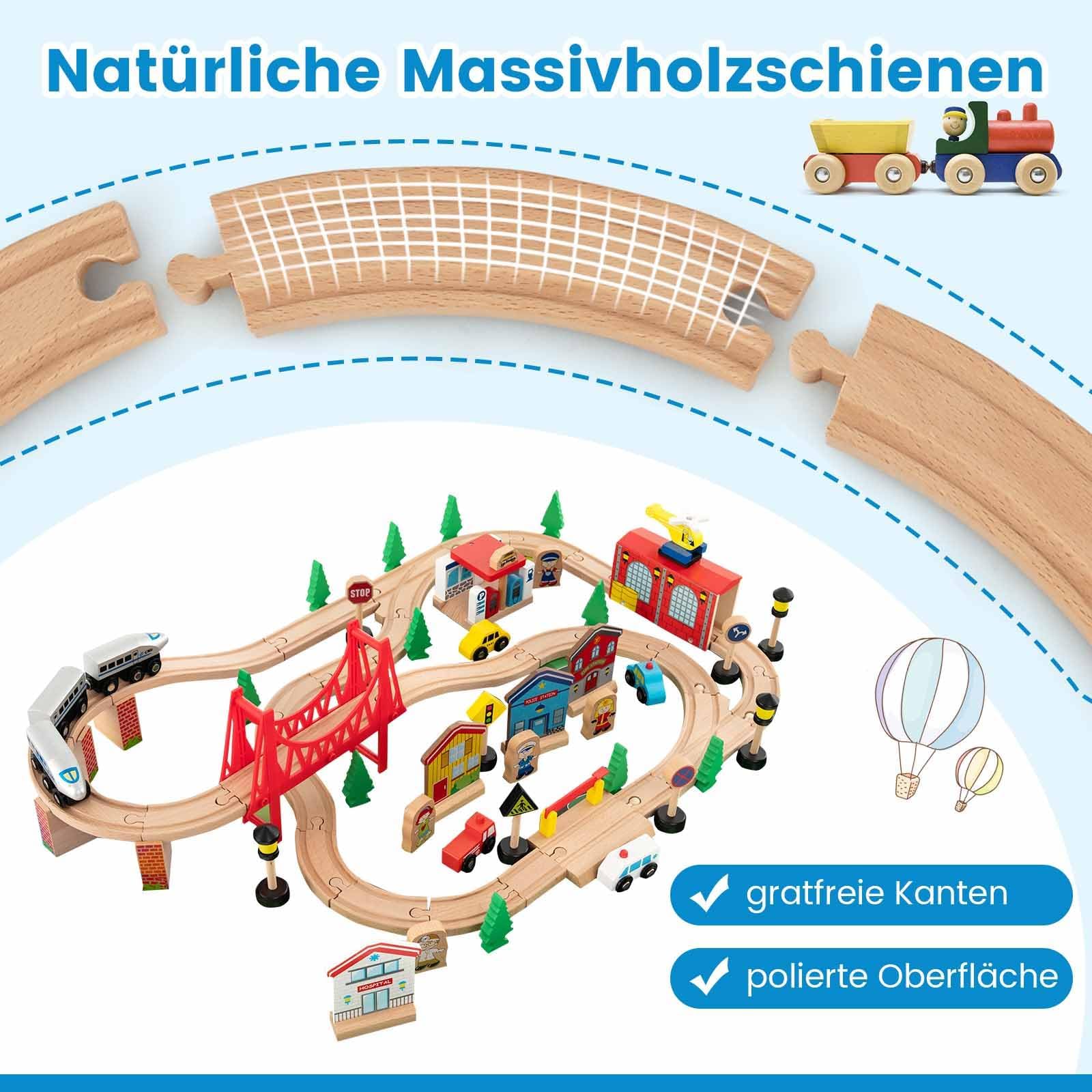 FANTASK Set di 80 ferroviari per bambini, tavolo da gioco in legno con tavolo reversibile e rimovibile, giocattolo per bambini dai 3 anni in su (80 pezzi)