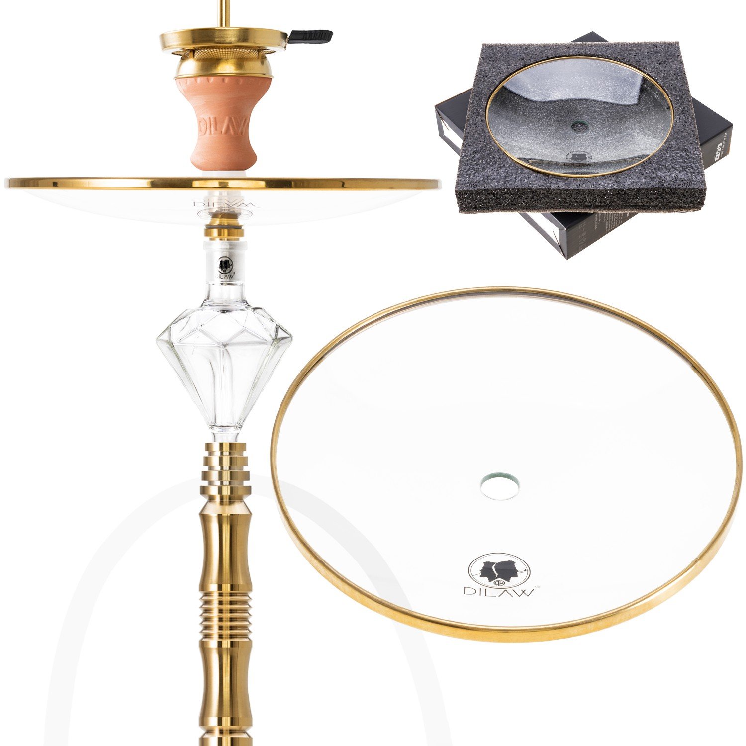 DILAW® Shisha Kohleteller Glas Glaskohleteller | 24cm Big Size Gold | Wasserpfeife Hookah – Zubehör V2A Edelstahl Kohle-Teller