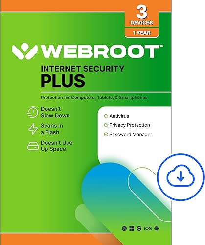 Webroot Internet Security Plus Software antivirus 2023 3 dispositivos Descarga de 1 año para PCMacChromebookAndroidiOS + Administrador de
