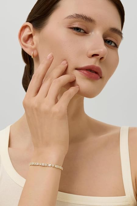 14K Gold Bracelets for Women - Simulated Diamonds Gold Bracelet, Cubic Zirconia Stones Baguette Round Heart Cut Stacking Bracelets for Women