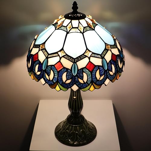 Miniatura 7 de Tiffany Lamp Stained Glass Table Lamps Blue Jewelry Baroque Style Desk Lamp 12X12X18.5 Inch Bronze Ceramic Base Reading Light Suitable for Bedside
