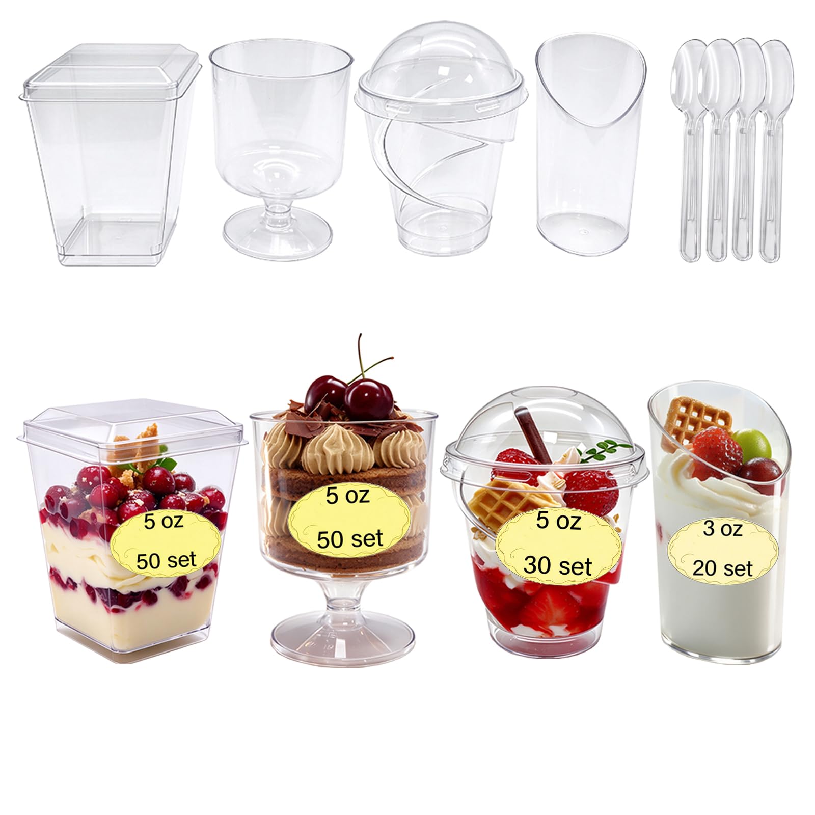 380 Pack 150 Set Clear Dessert Cups with Lids and Spoons, 5oz Mini Dessert Cups Reusable Square Parfait Cup for Party Appertizer, Christmas