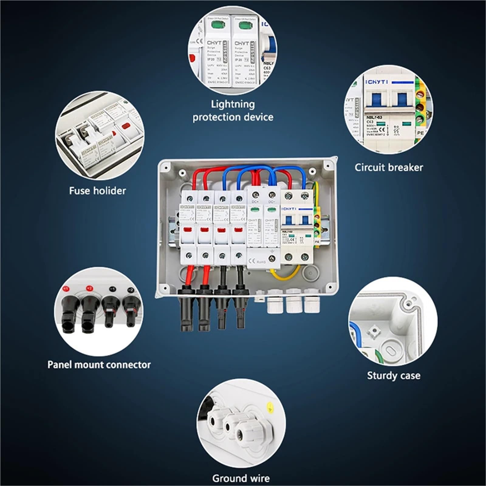interruttore di sezionamento DC Quadro di combinazione fotovoltaico solare con protezione contro i fulmini, 2 ingressi, 1 uscita, fusibile CC 600 V, MCB, SPD, scatola impermeabile