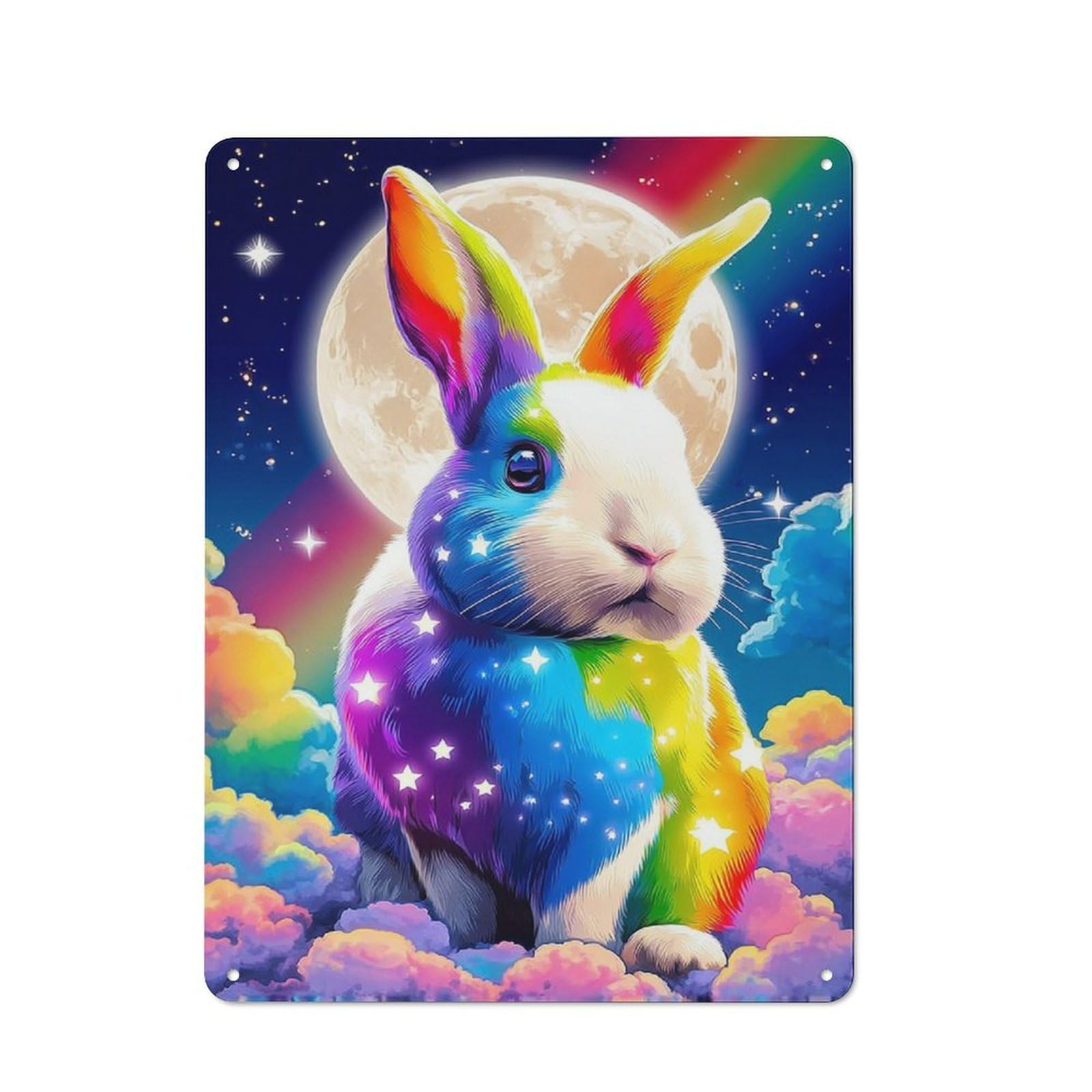 Junmoney Rainbow Bunny In Clouds Retro Metal Plaque 40X30cm For Guest Room Or Hallway, Housewarming Present For People Styling Guest Room And Hallway